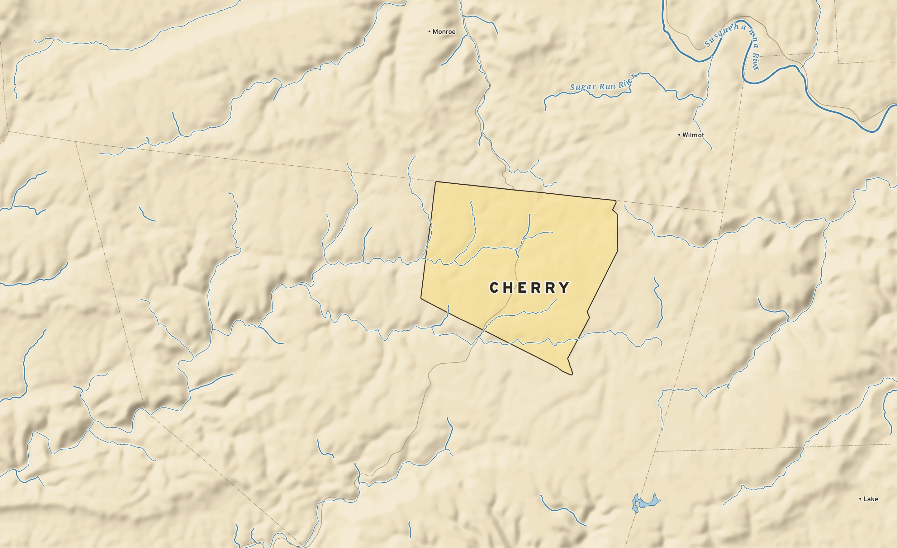 Shaded-relief atlas plate of Cherry, Pennsylvania: rivers, roads, the city limits and where the water drains.