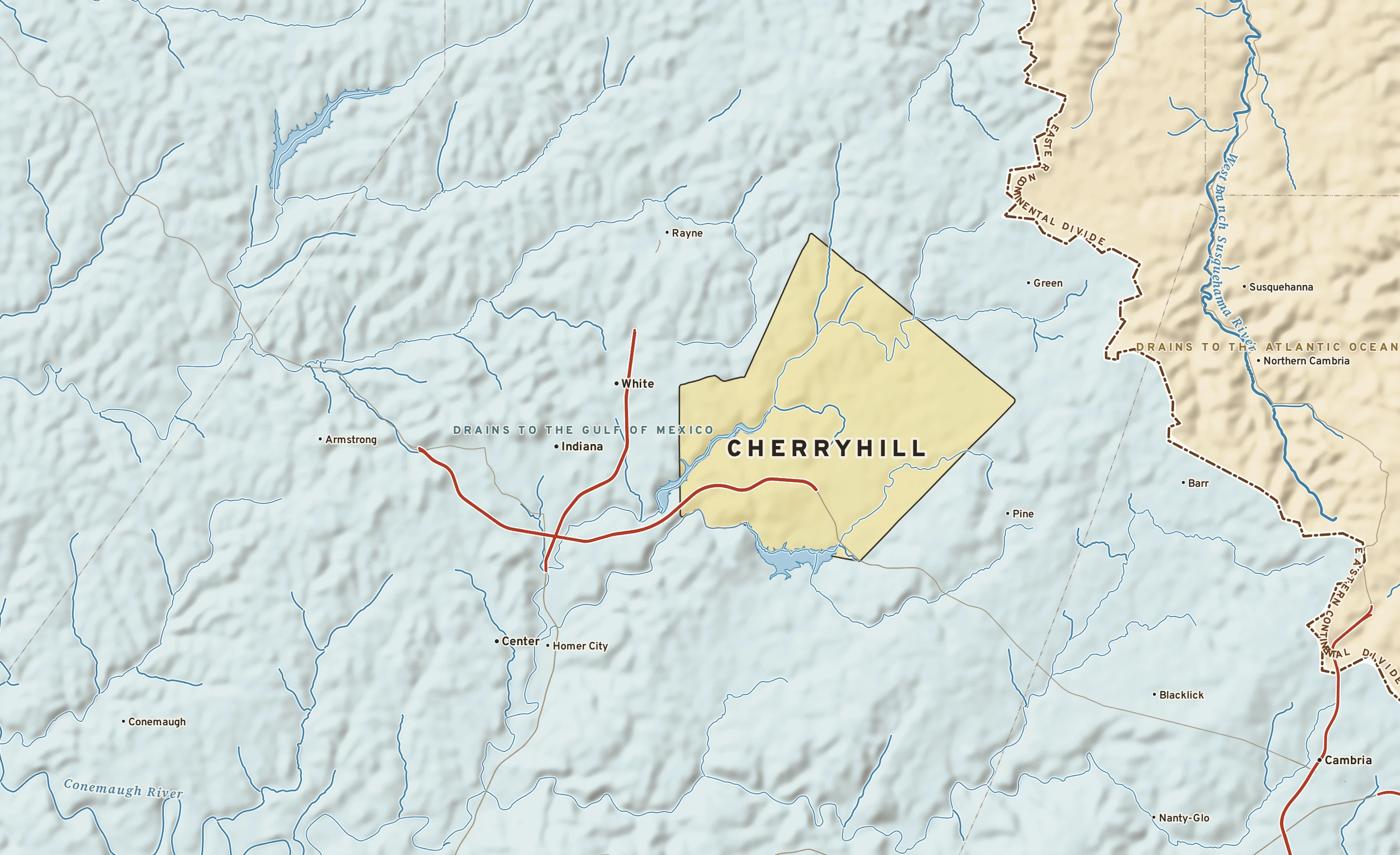 Shaded-relief atlas plate of Cherryhill, Pennsylvania: rivers, roads, the city limits and where the water drains.