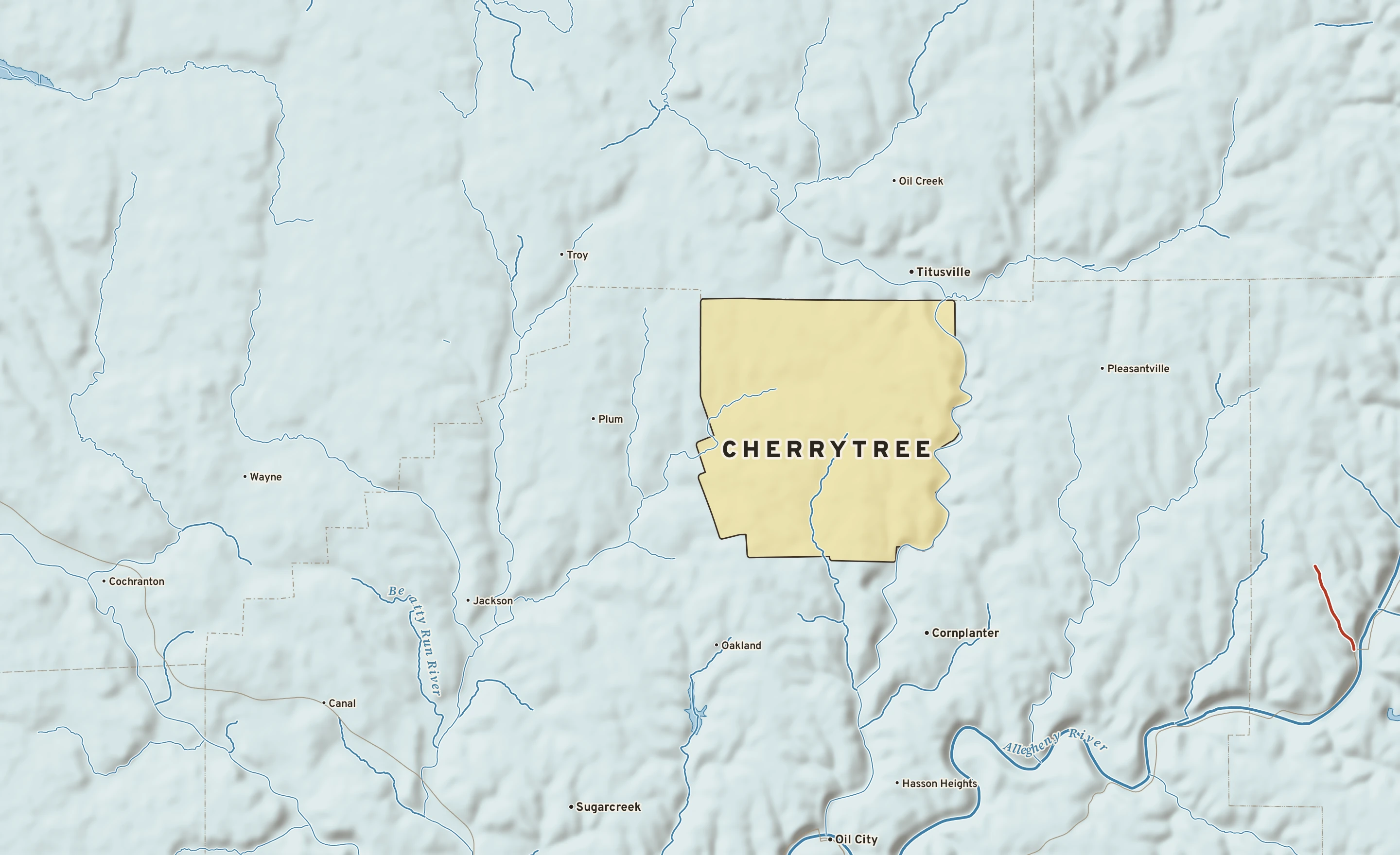 Shaded-relief atlas plate of Cherrytree, Pennsylvania: rivers, roads, the city limits and where the water drains.