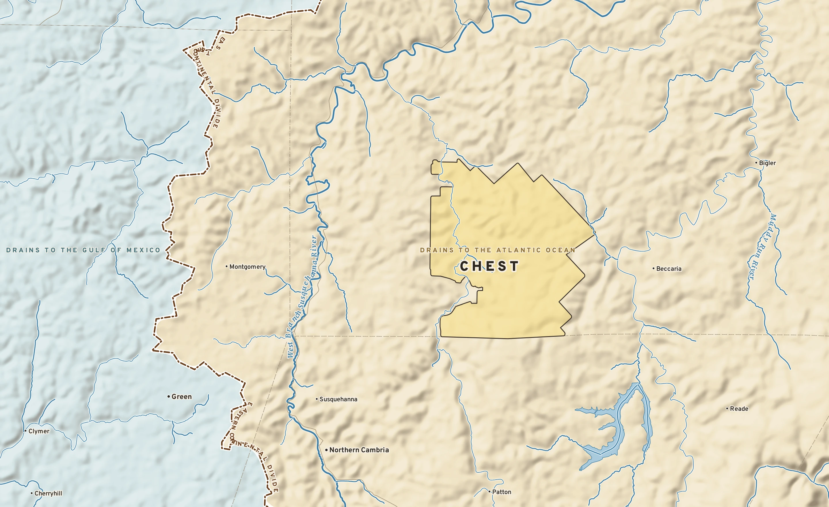 Shaded-relief atlas plate of Chest, Pennsylvania: rivers, roads, the city limits and where the water drains.
