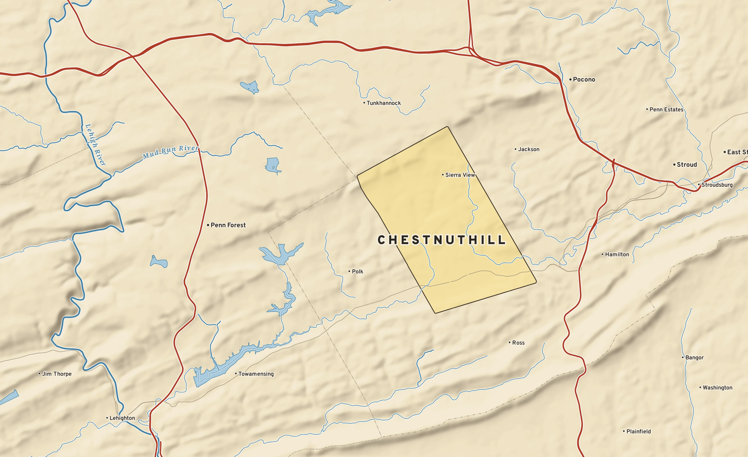 Shaded-relief atlas plate of Chestnuthill, Pennsylvania: rivers, roads, the city limits and where the water drains.