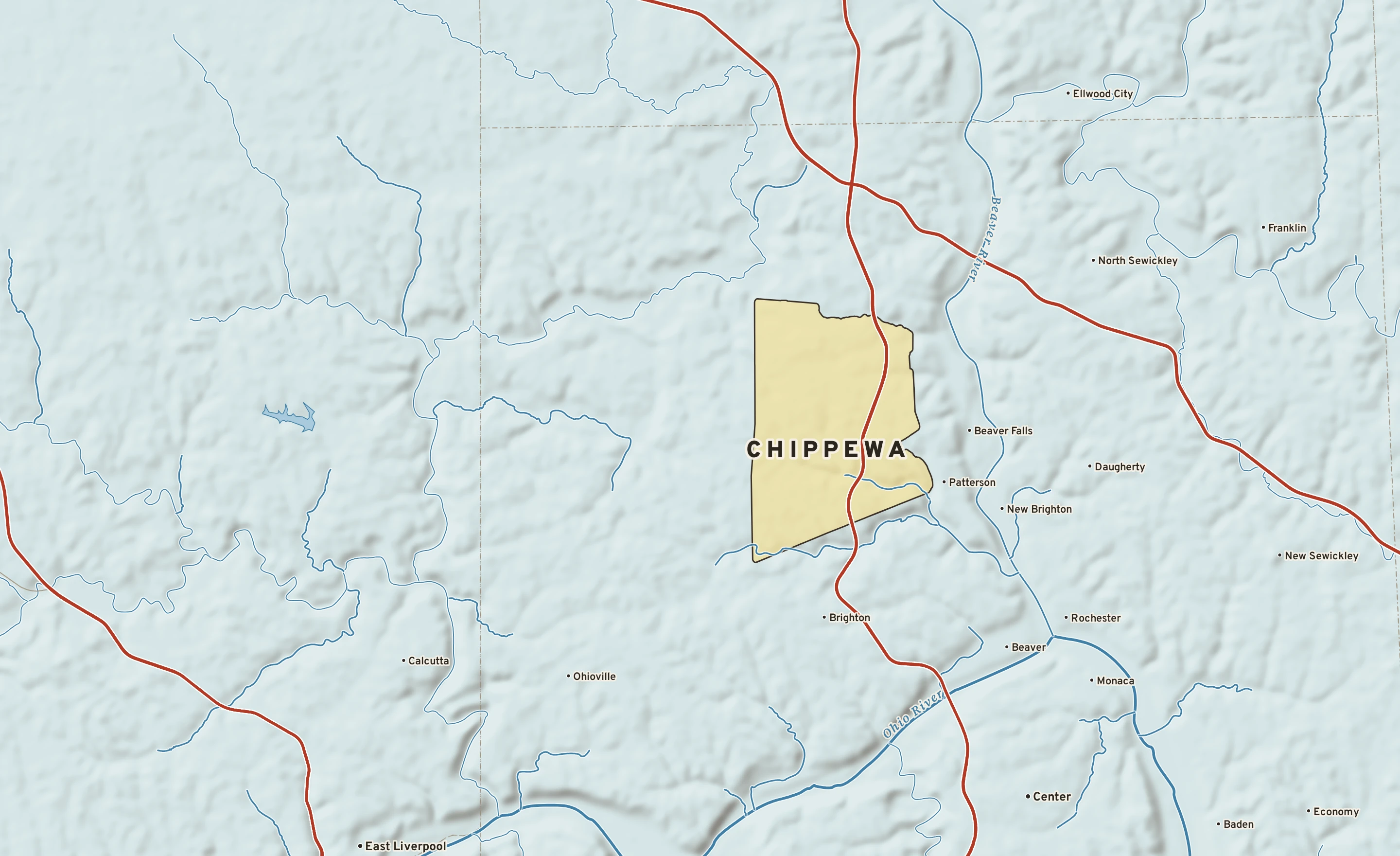 Shaded-relief atlas plate of Chippewa, Pennsylvania: rivers, roads, the city limits and where the water drains.