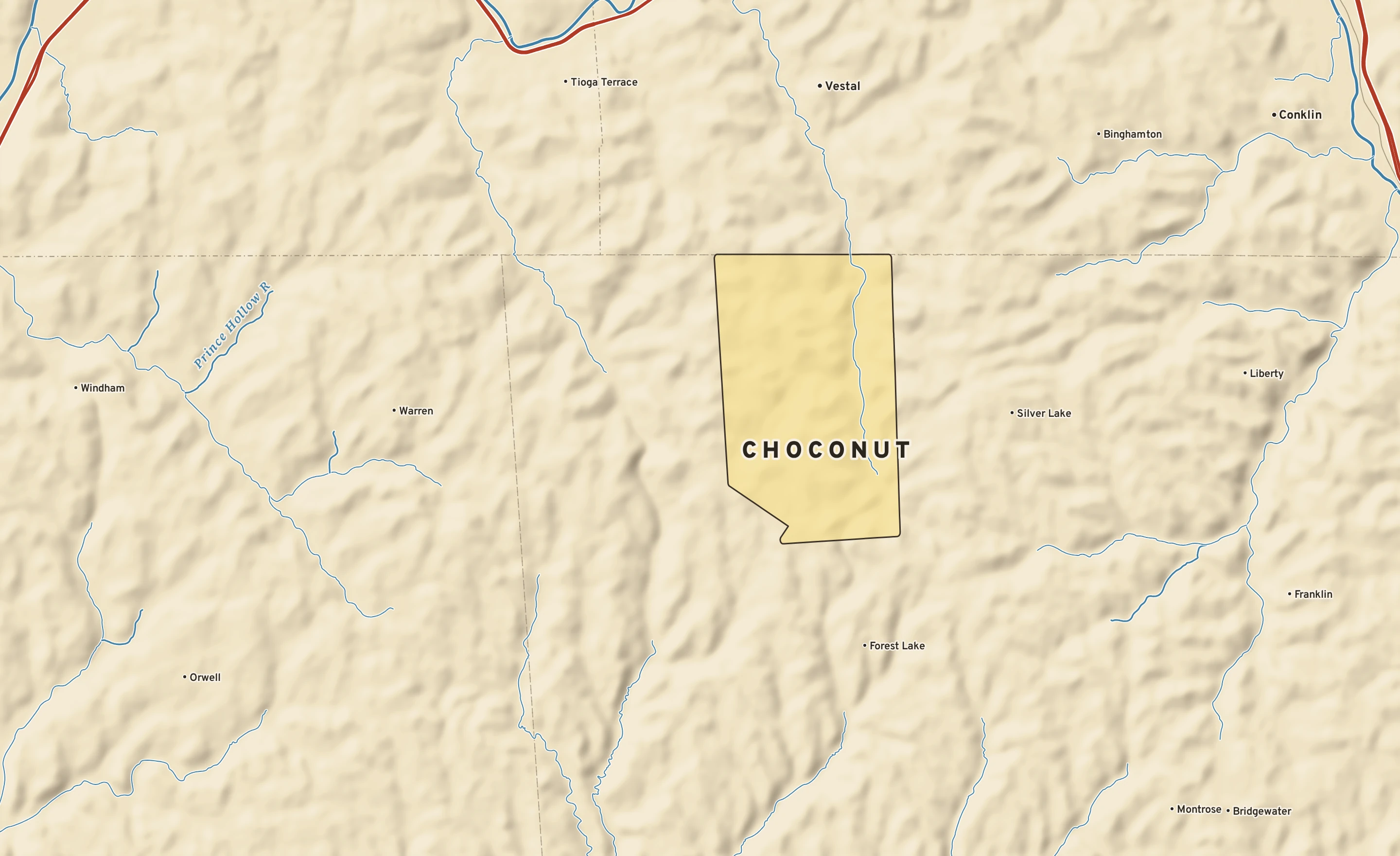 Shaded-relief atlas plate of Choconut, Pennsylvania: rivers, roads, the city limits and where the water drains.