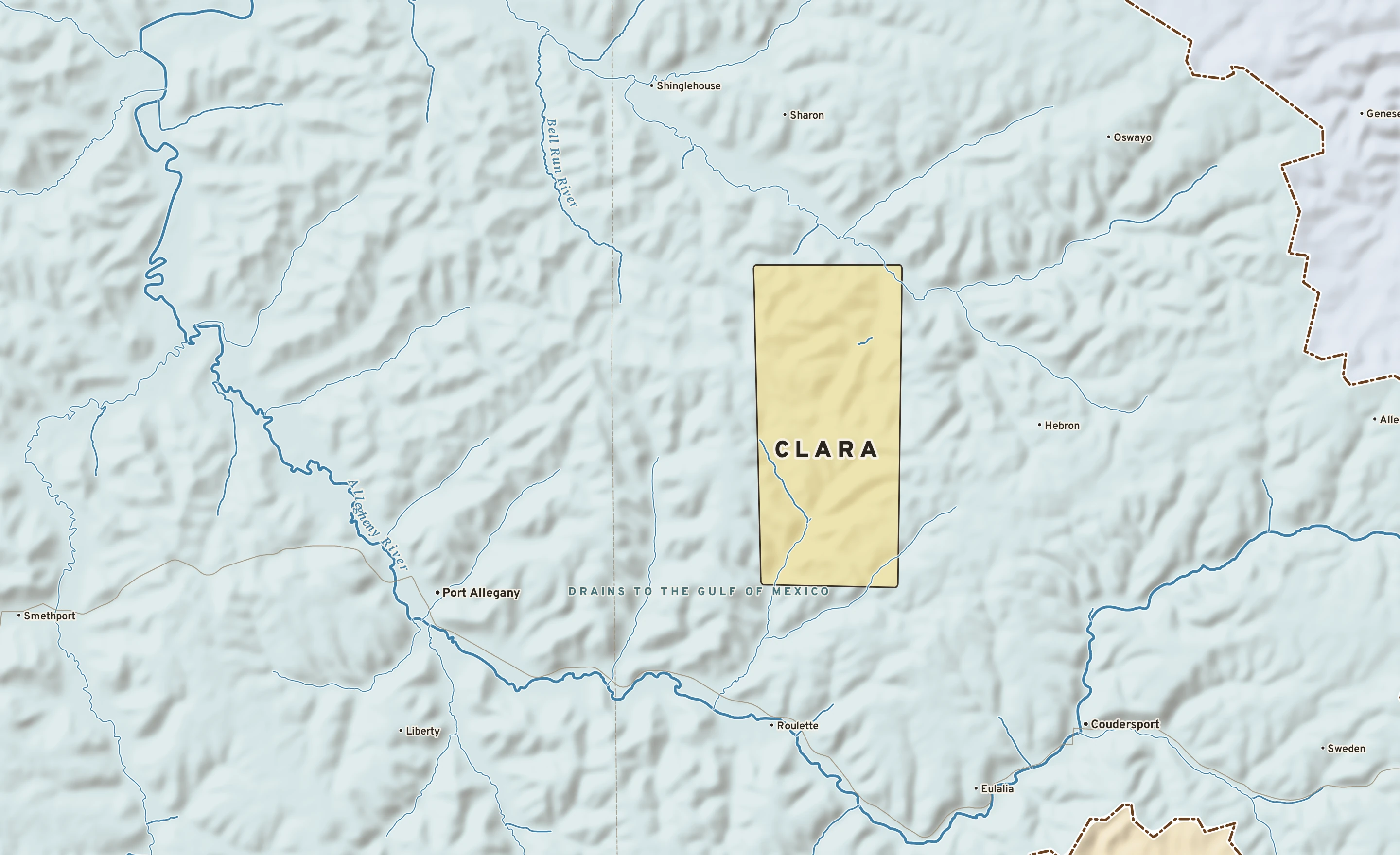 Shaded-relief atlas plate of Clara, Pennsylvania: rivers, roads, the city limits and where the water drains.