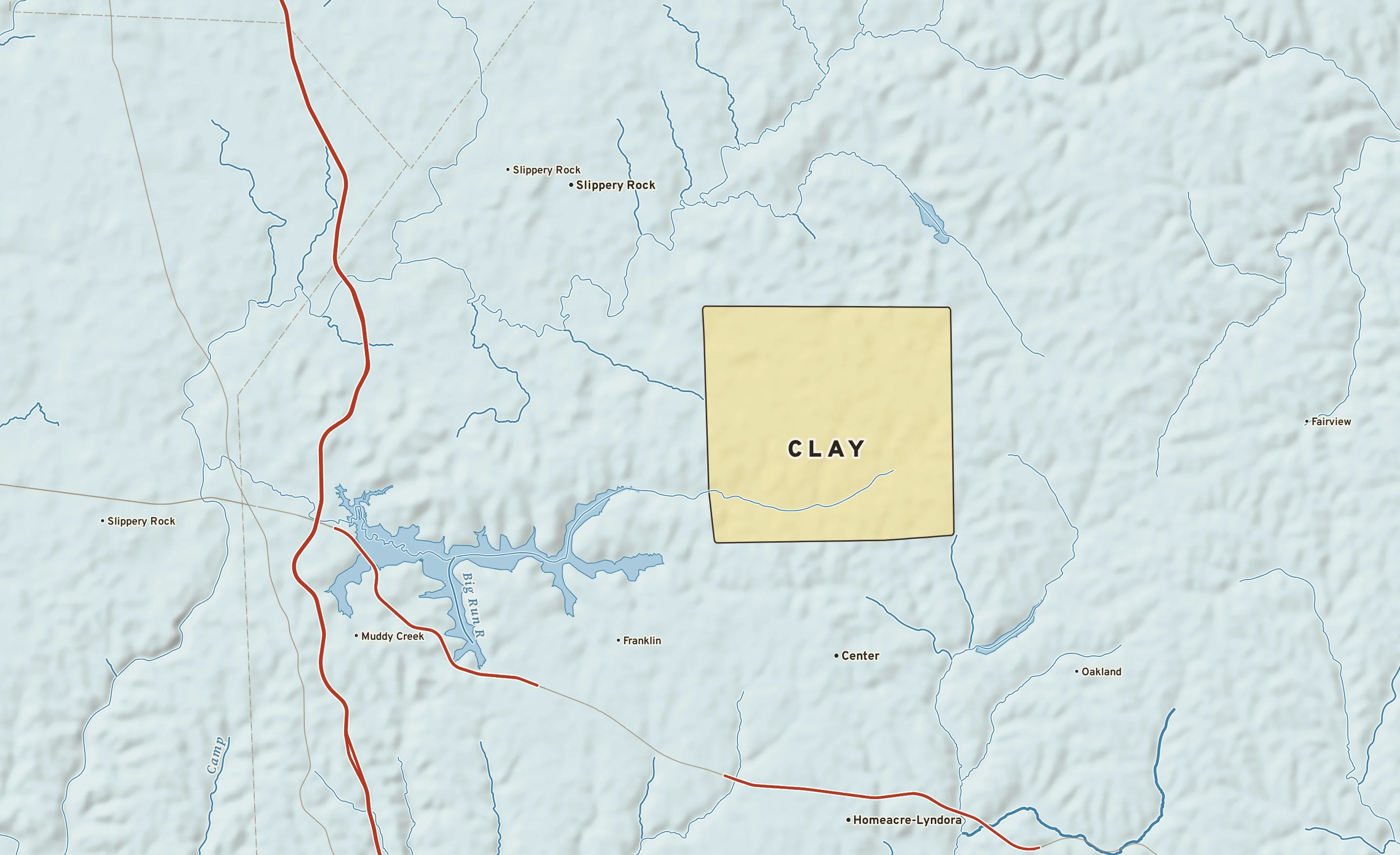 Shaded-relief atlas plate of Clay, Pennsylvania: rivers, roads, the city limits and where the water drains.