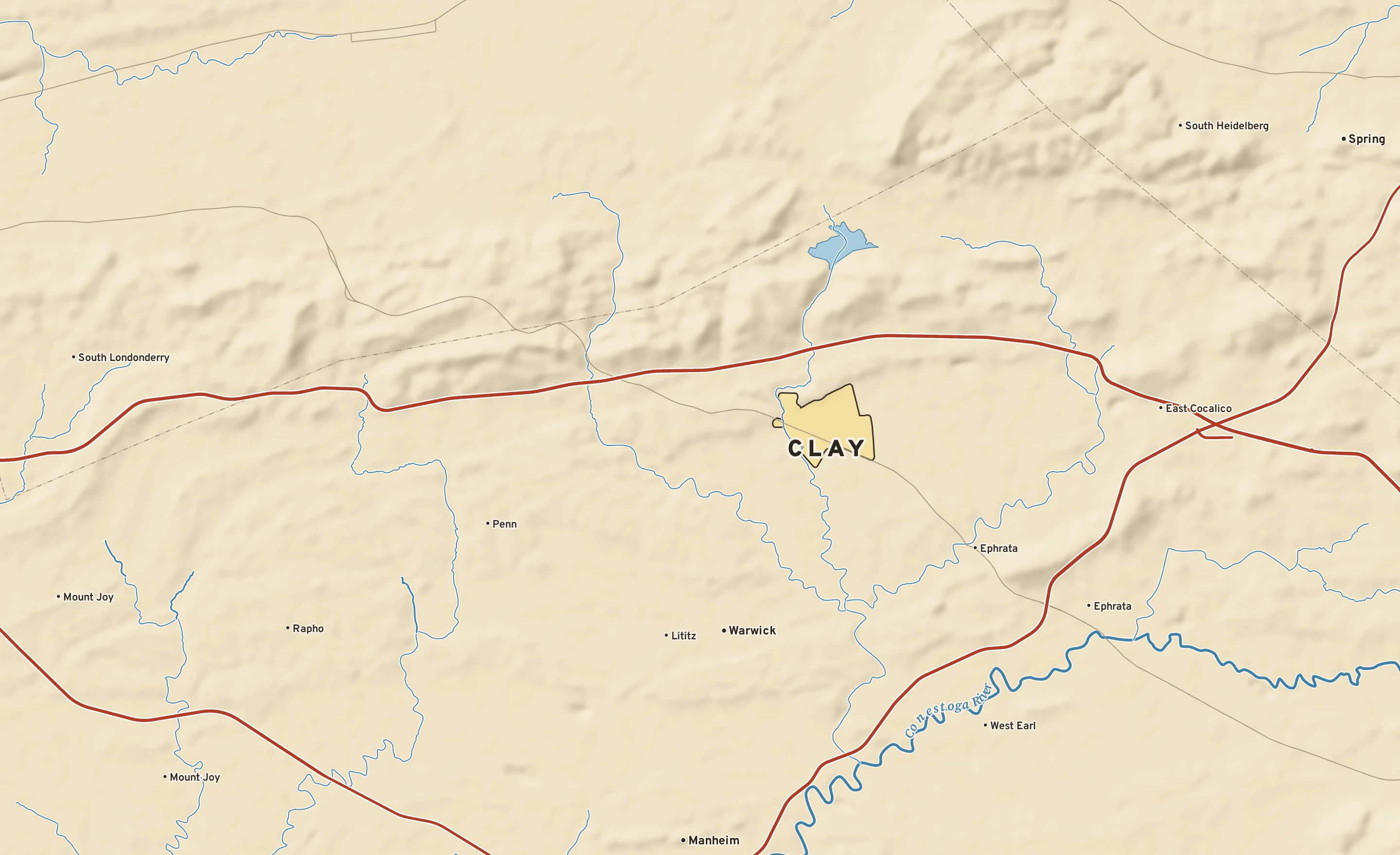 Shaded-relief atlas plate of Clay, Pennsylvania: rivers, roads, the city limits and where the water drains.
