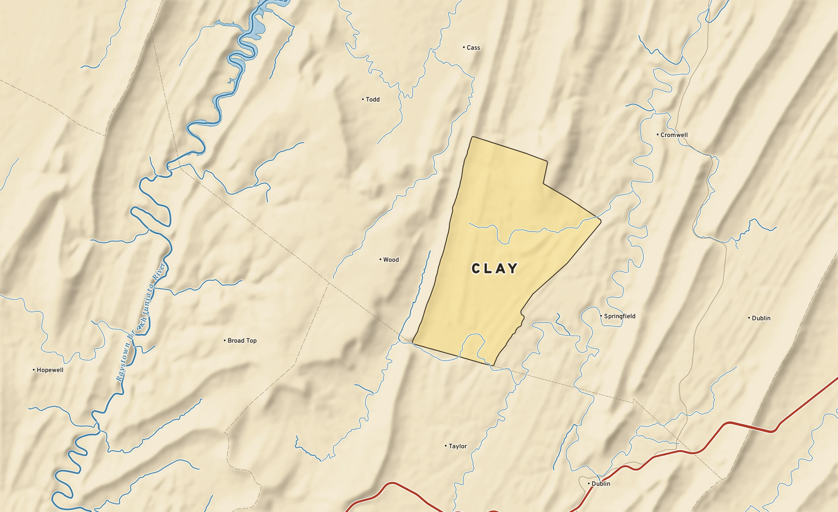 Shaded-relief atlas plate of Clay, Pennsylvania: rivers, roads, the city limits and where the water drains.