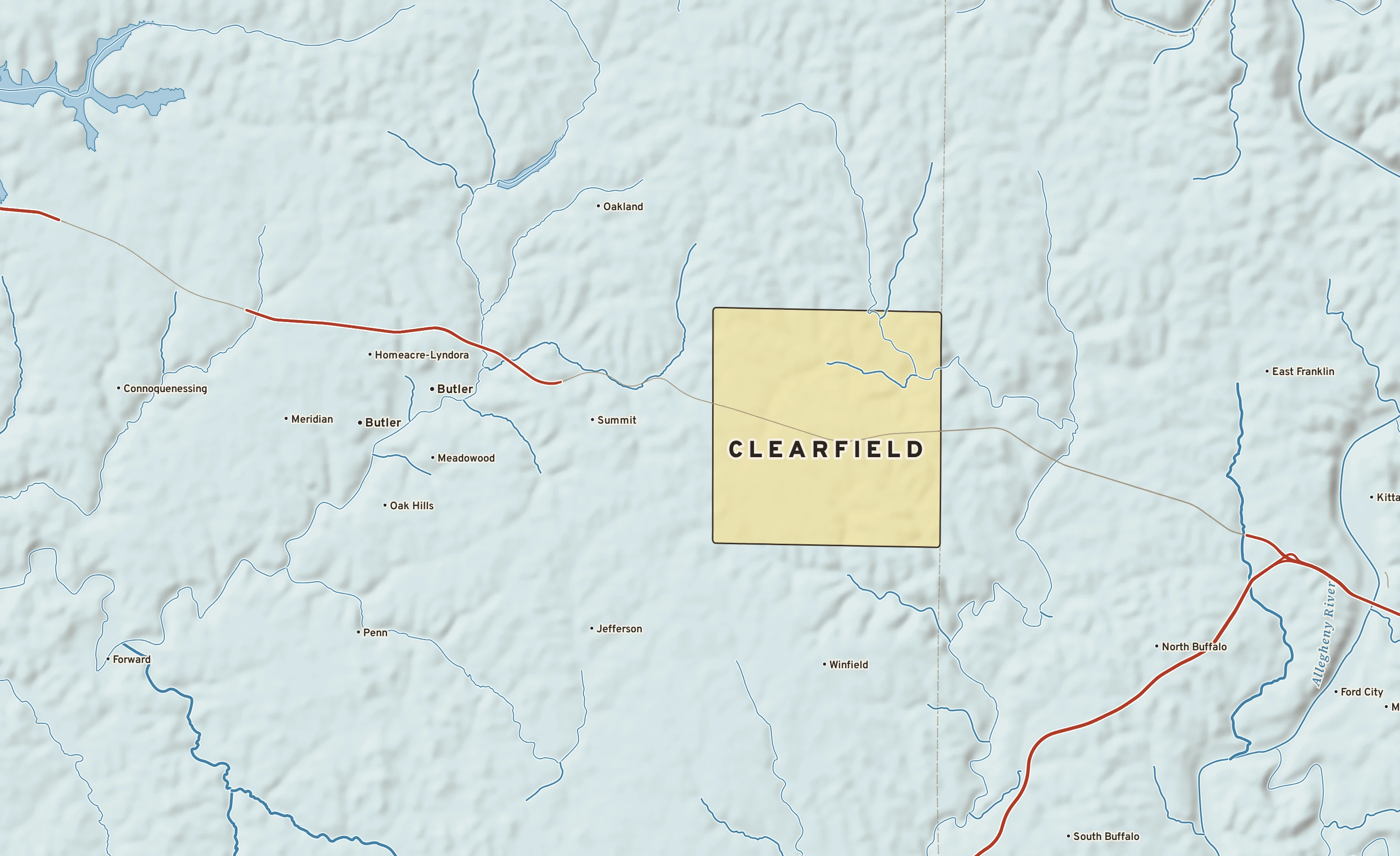 Shaded-relief atlas plate of Clearfield, Pennsylvania: rivers, roads, the city limits and where the water drains.