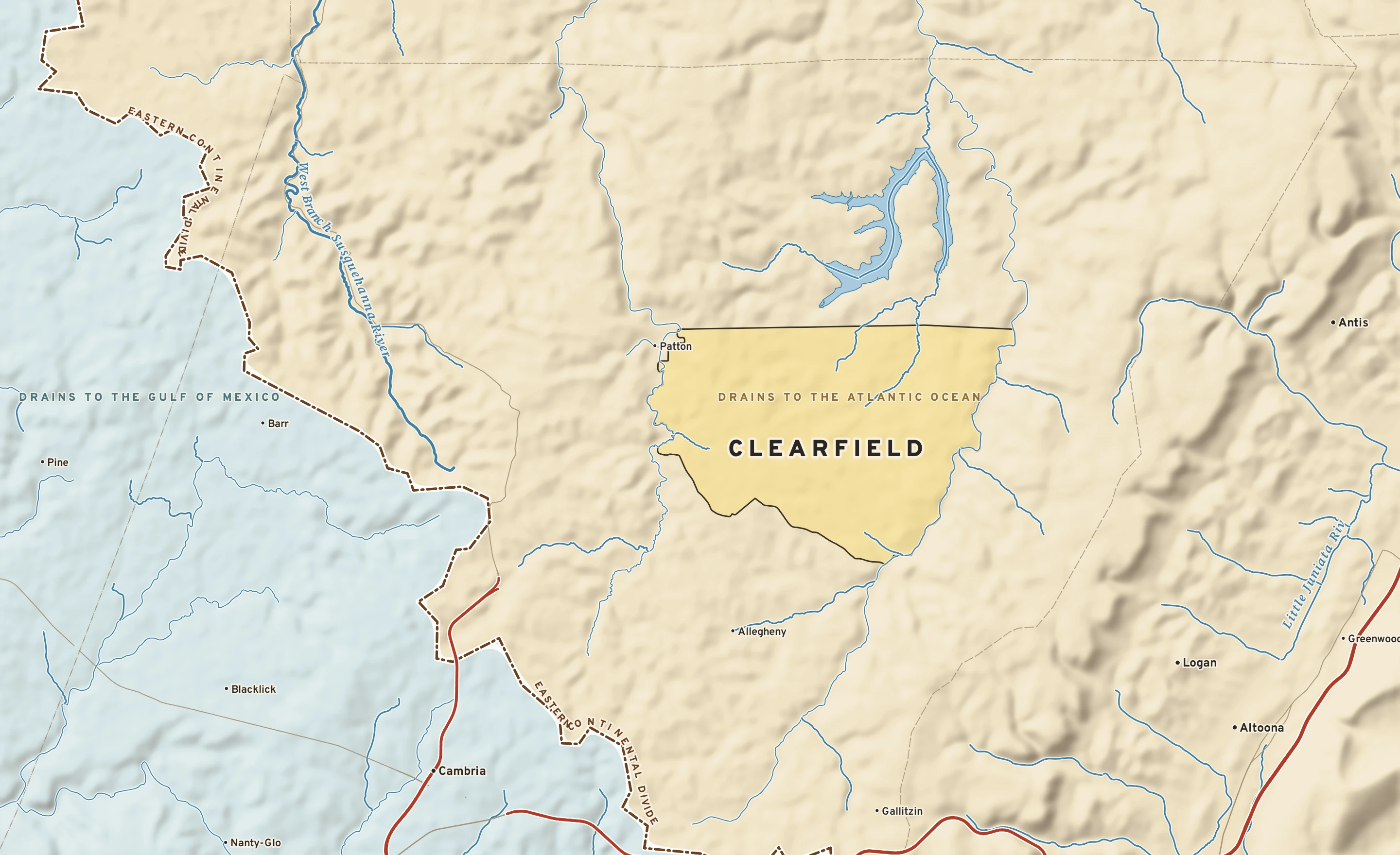 Shaded-relief atlas plate of Clearfield, Pennsylvania: rivers, roads, the city limits and where the water drains.