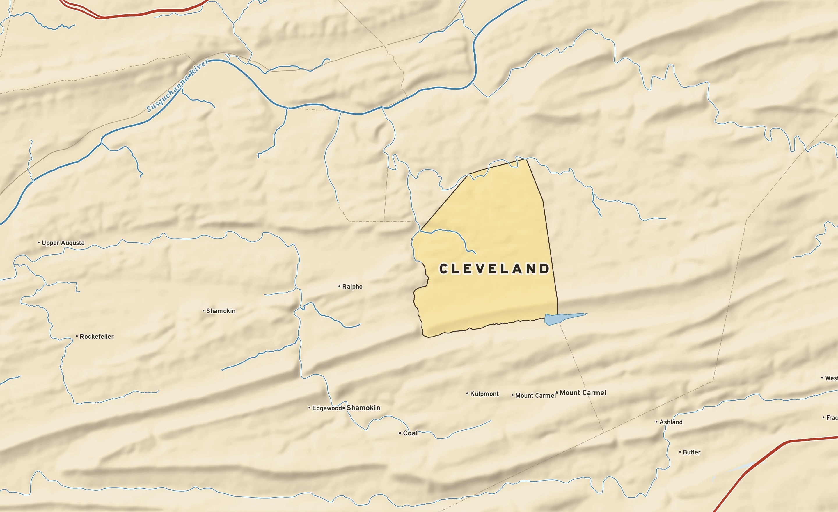 Shaded-relief atlas plate of Cleveland, Pennsylvania: rivers, roads, the city limits and where the water drains.