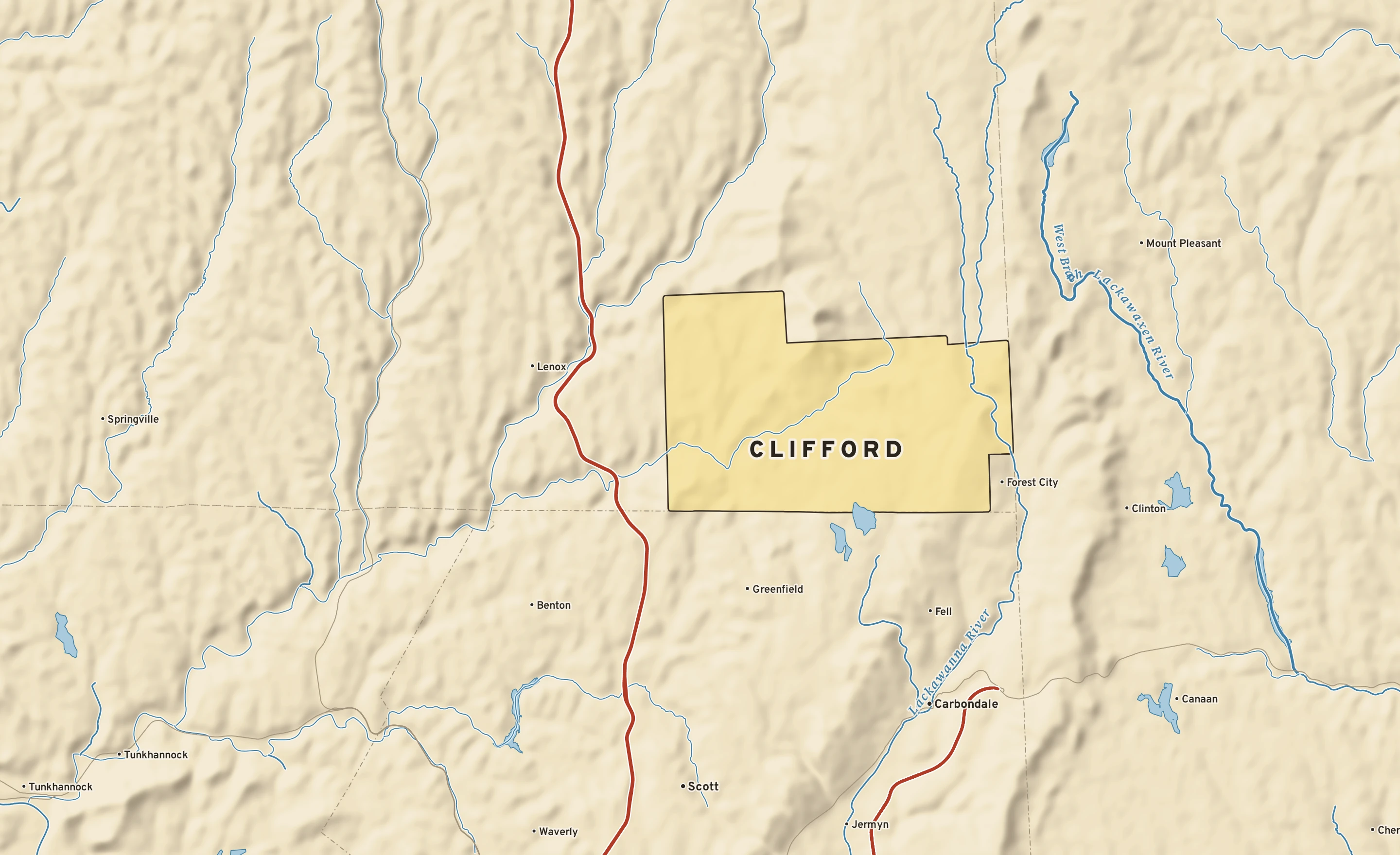 Shaded-relief atlas plate of Clifford, Pennsylvania: rivers, roads, the city limits and where the water drains.