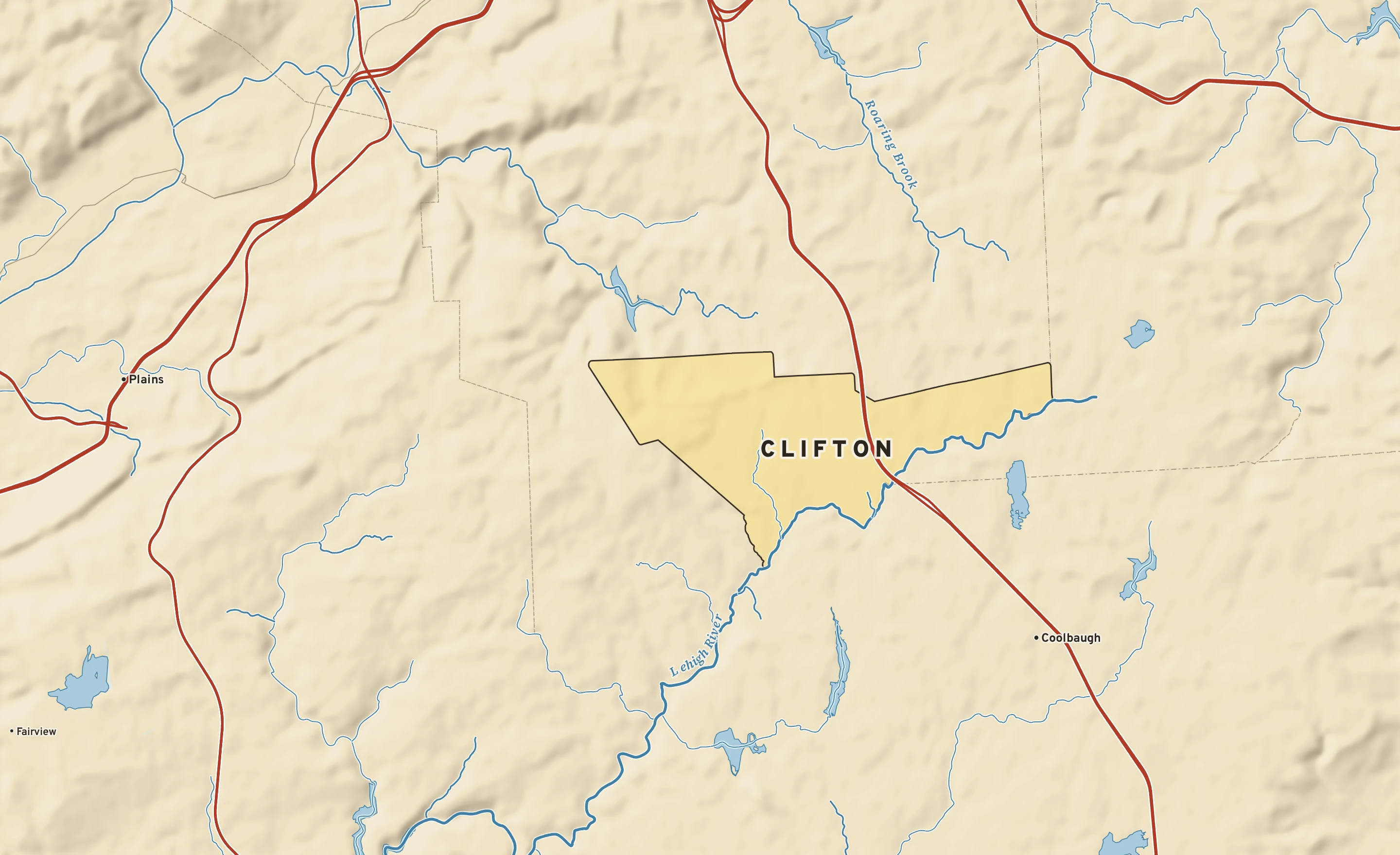 Shaded-relief atlas plate of Clifton, Pennsylvania: rivers, roads, the city limits and where the water drains.