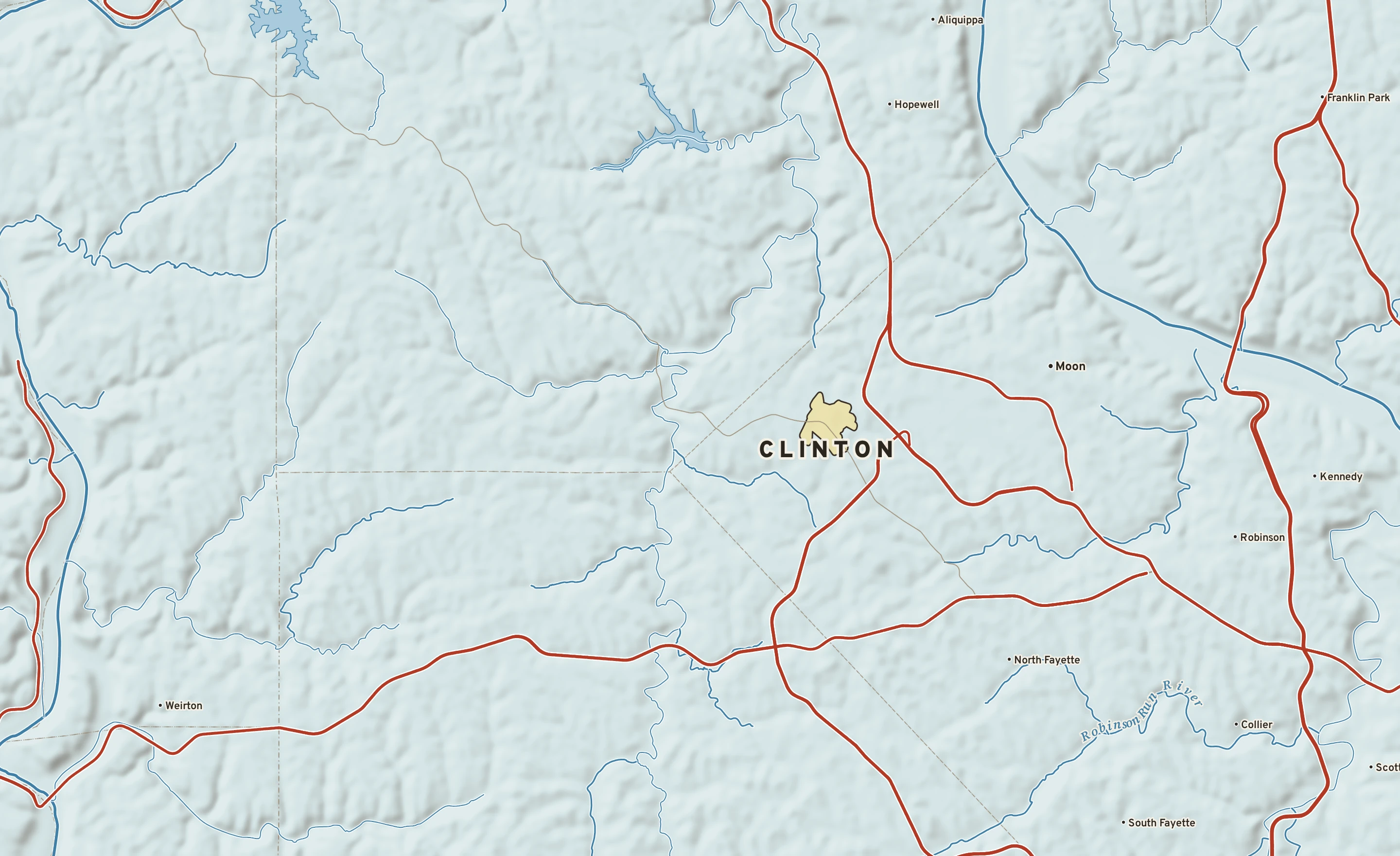 Shaded-relief atlas plate of Clinton, Pennsylvania: rivers, roads, the city limits and where the water drains.
