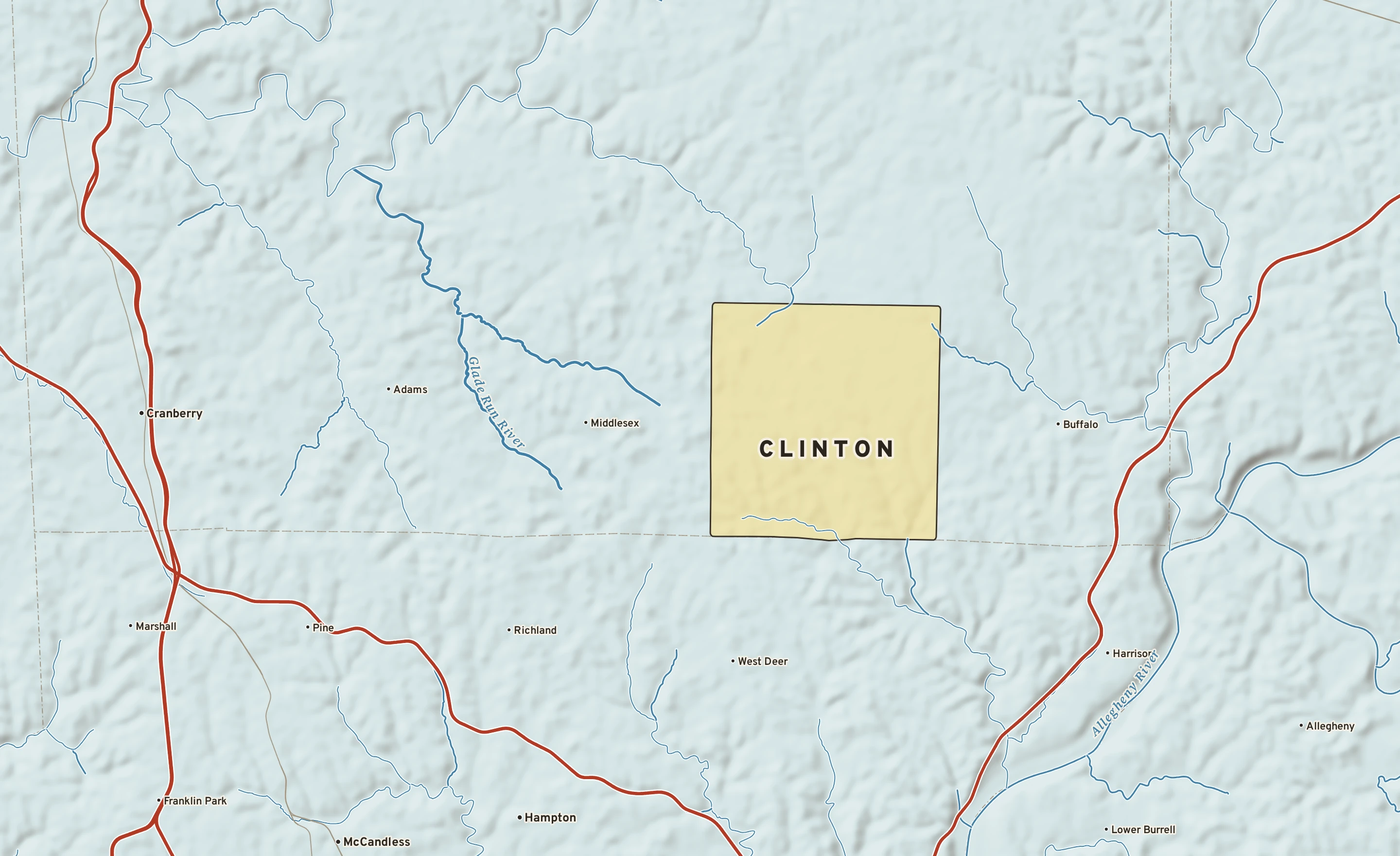 Shaded-relief atlas plate of Clinton, Pennsylvania: rivers, roads, the city limits and where the water drains.