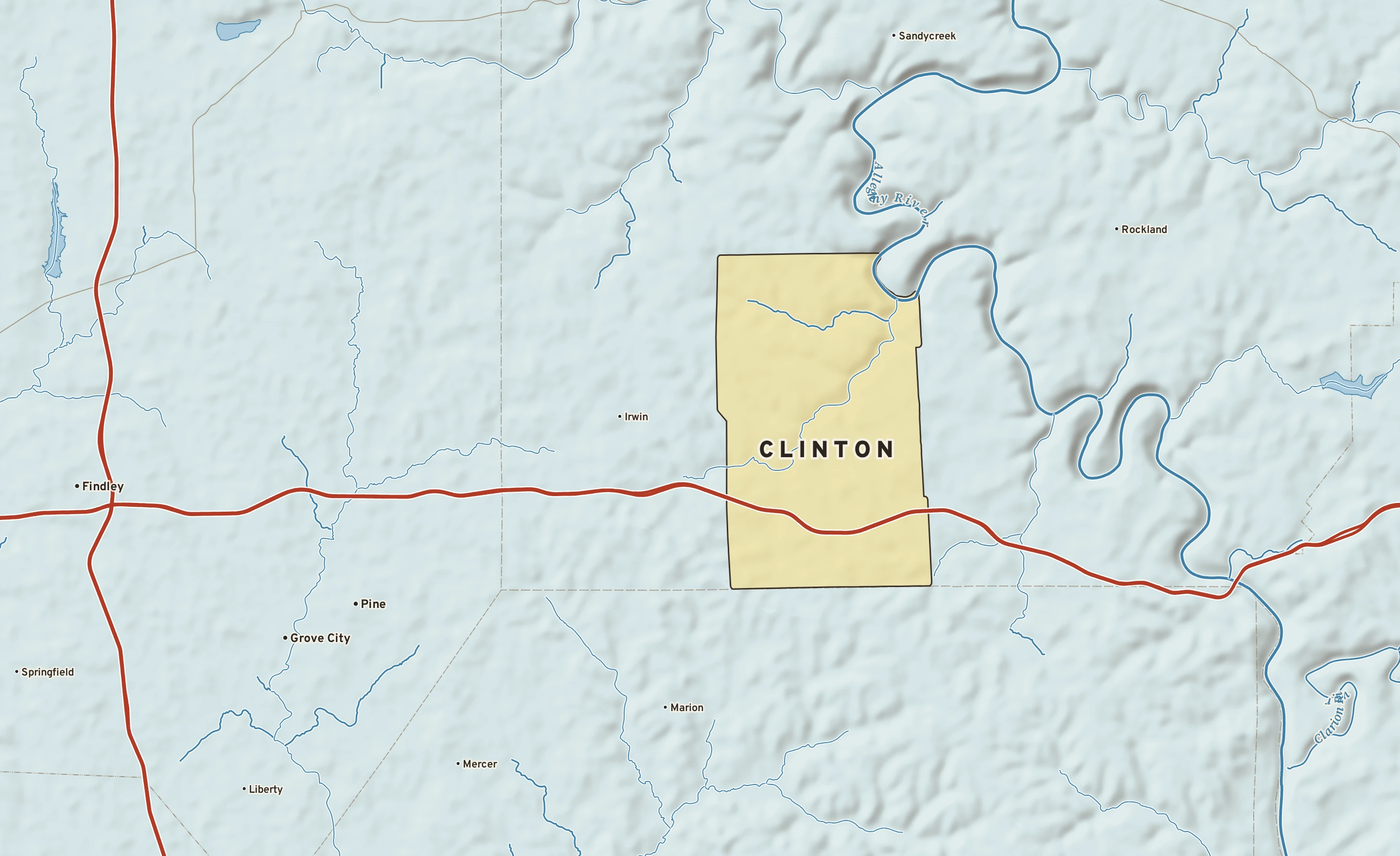 Shaded-relief atlas plate of Clinton, Pennsylvania: rivers, roads, the city limits and where the water drains.