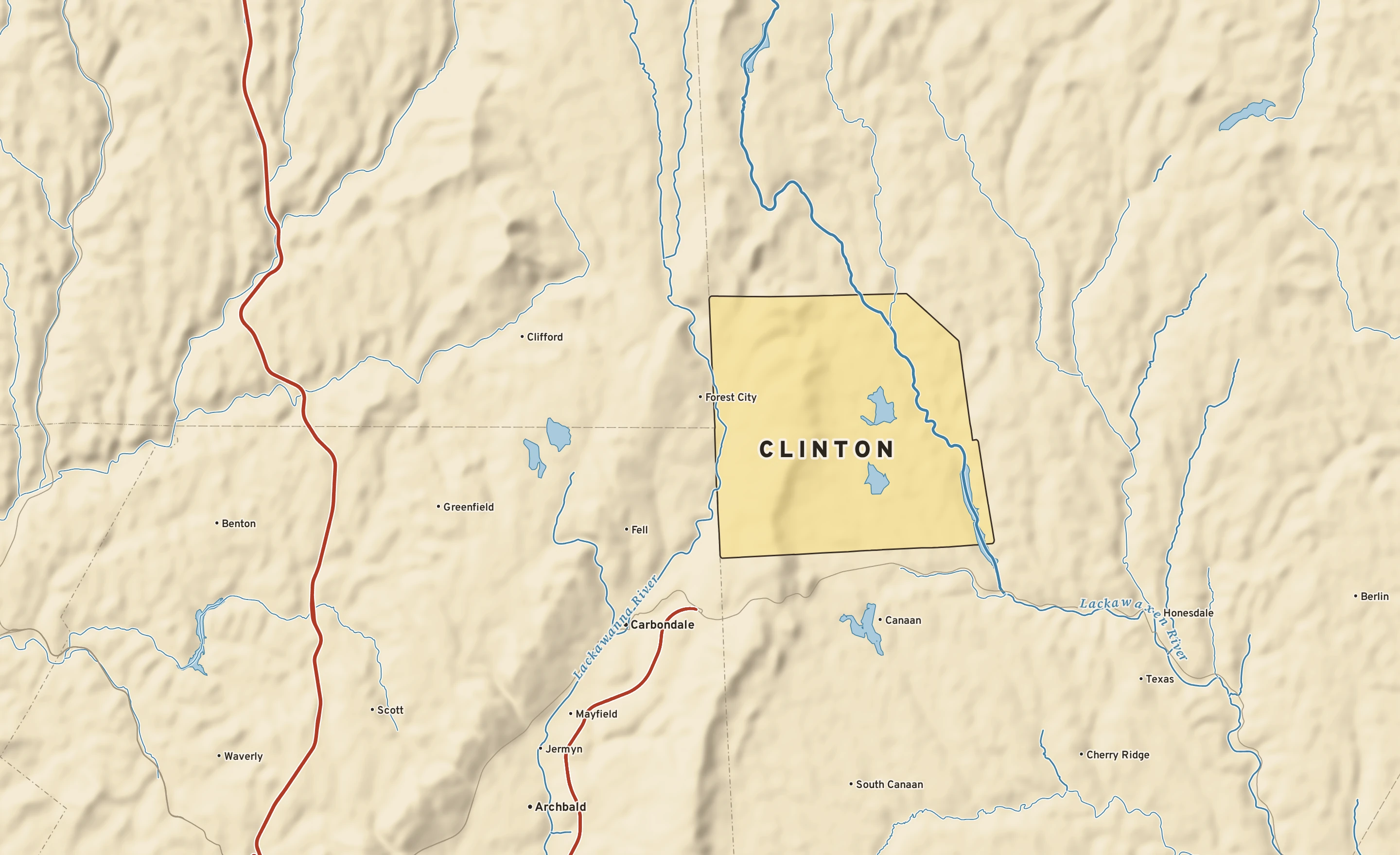 Shaded-relief atlas plate of Clinton, Pennsylvania: rivers, roads, the city limits and where the water drains.