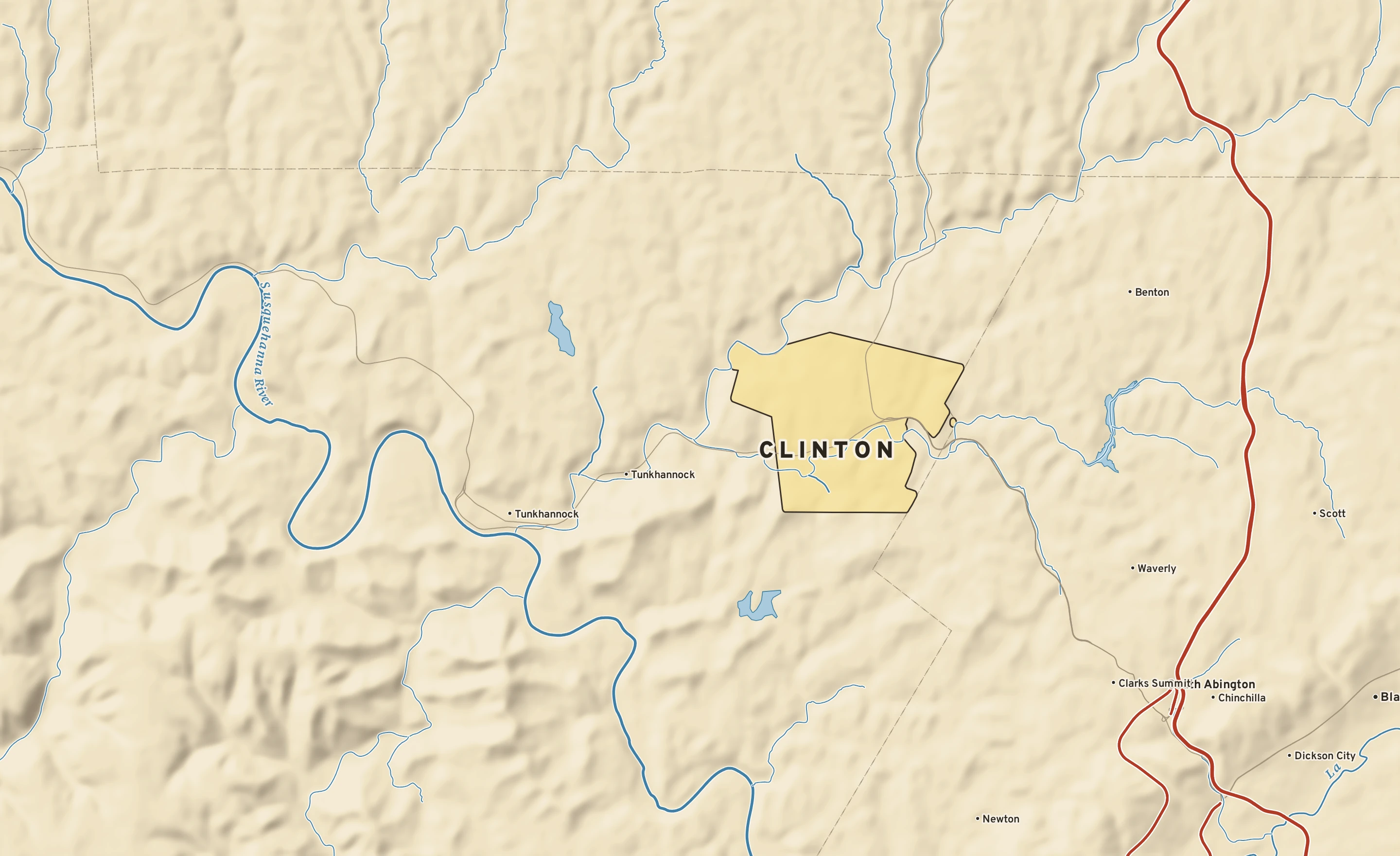 Shaded-relief atlas plate of Clinton, Pennsylvania: rivers, roads, the city limits and where the water drains.