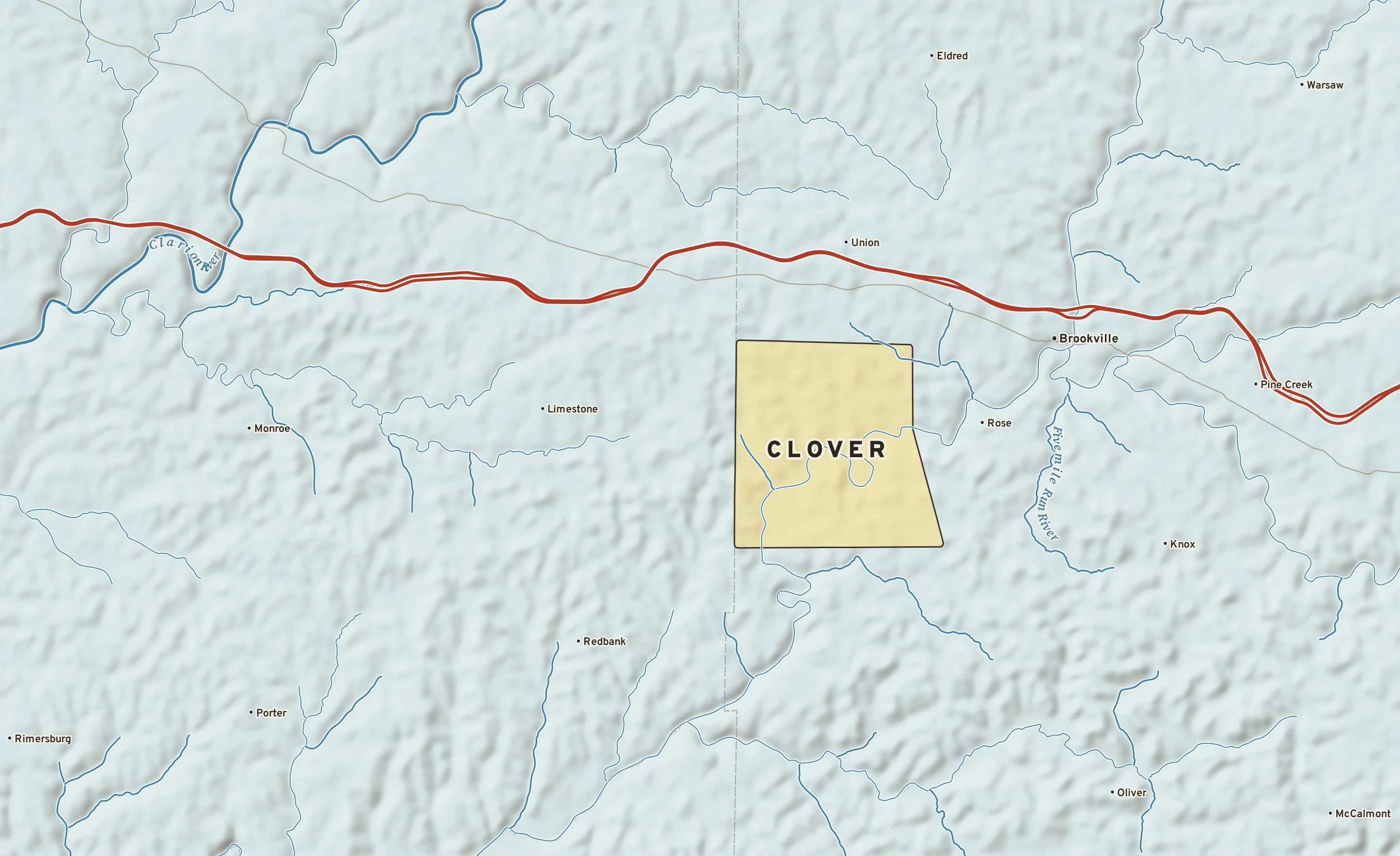 Shaded-relief atlas plate of Clover, Pennsylvania: rivers, roads, the city limits and where the water drains.