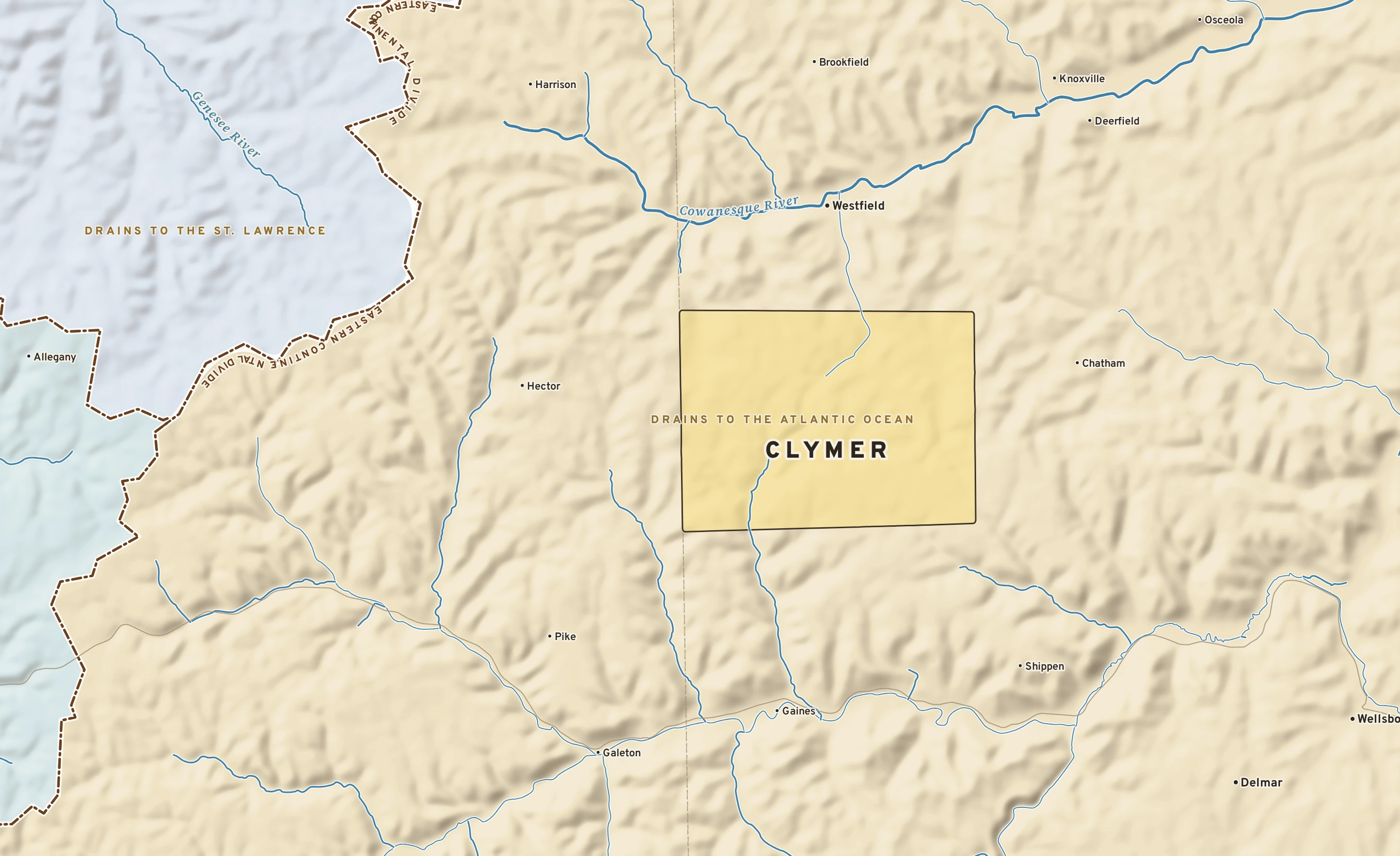 Shaded-relief atlas plate of Clymer, Pennsylvania: rivers, roads, the city limits and where the water drains.
