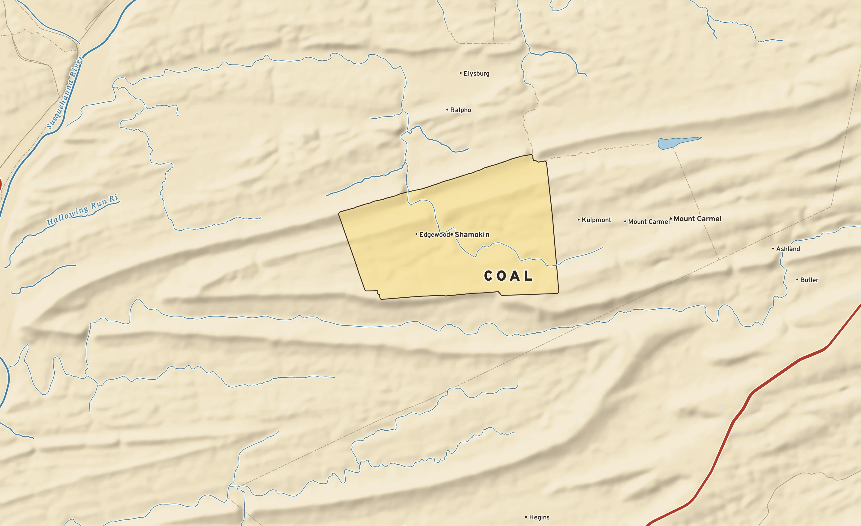 Shaded-relief atlas plate of Coal, Pennsylvania: rivers, roads, the city limits and where the water drains.
