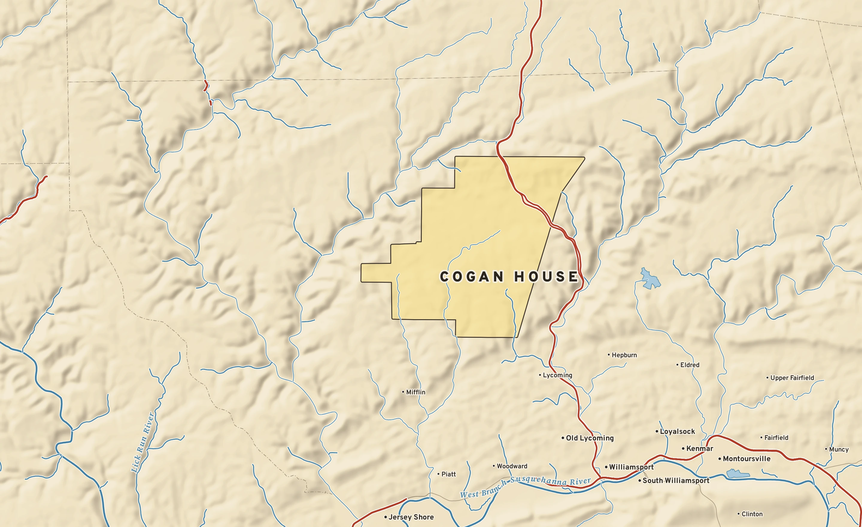 Shaded-relief atlas plate of Cogan House, Pennsylvania: rivers, roads, the city limits and where the water drains.