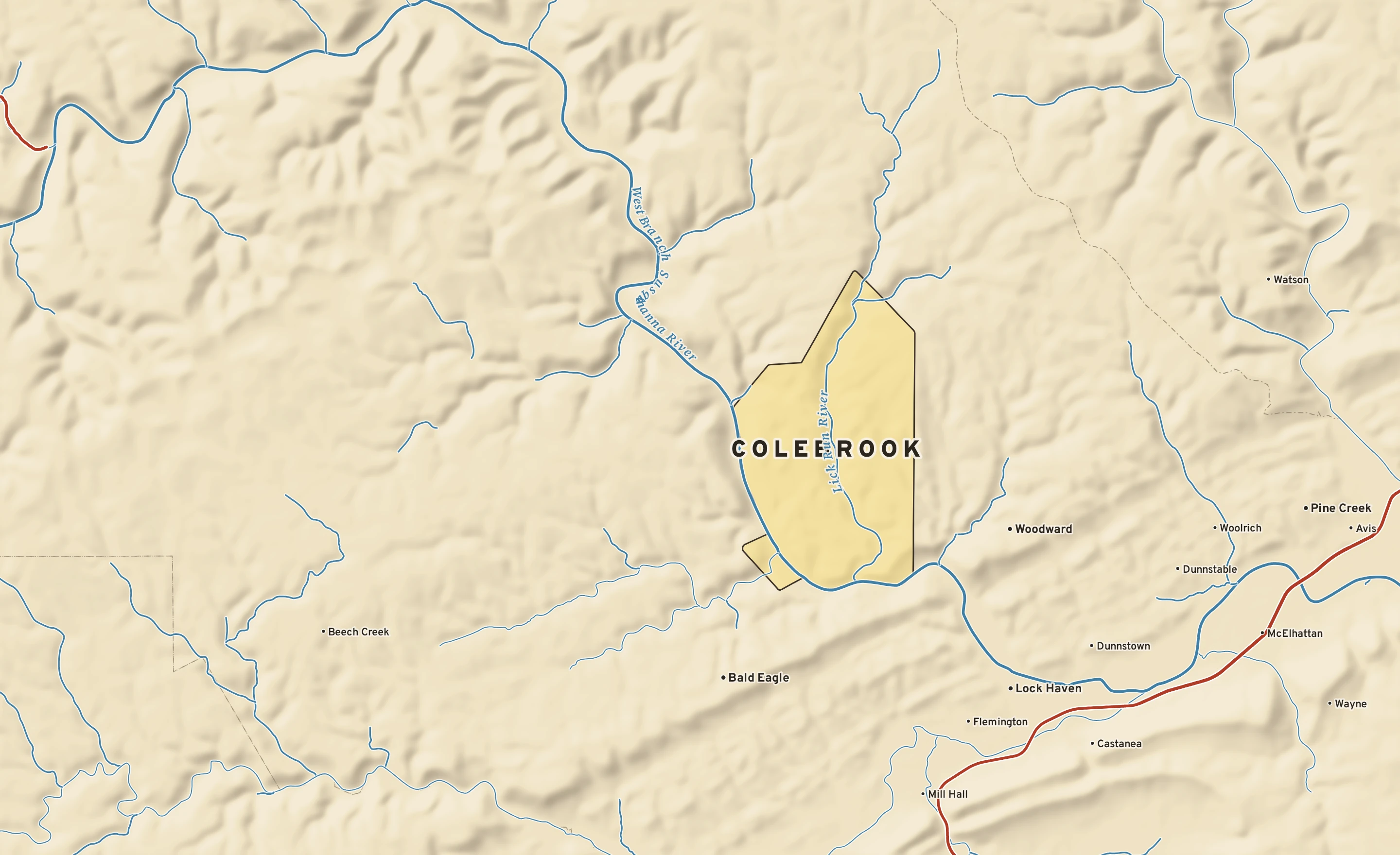 Shaded-relief atlas plate of Colebrook, Pennsylvania: rivers, roads, the city limits and where the water drains.