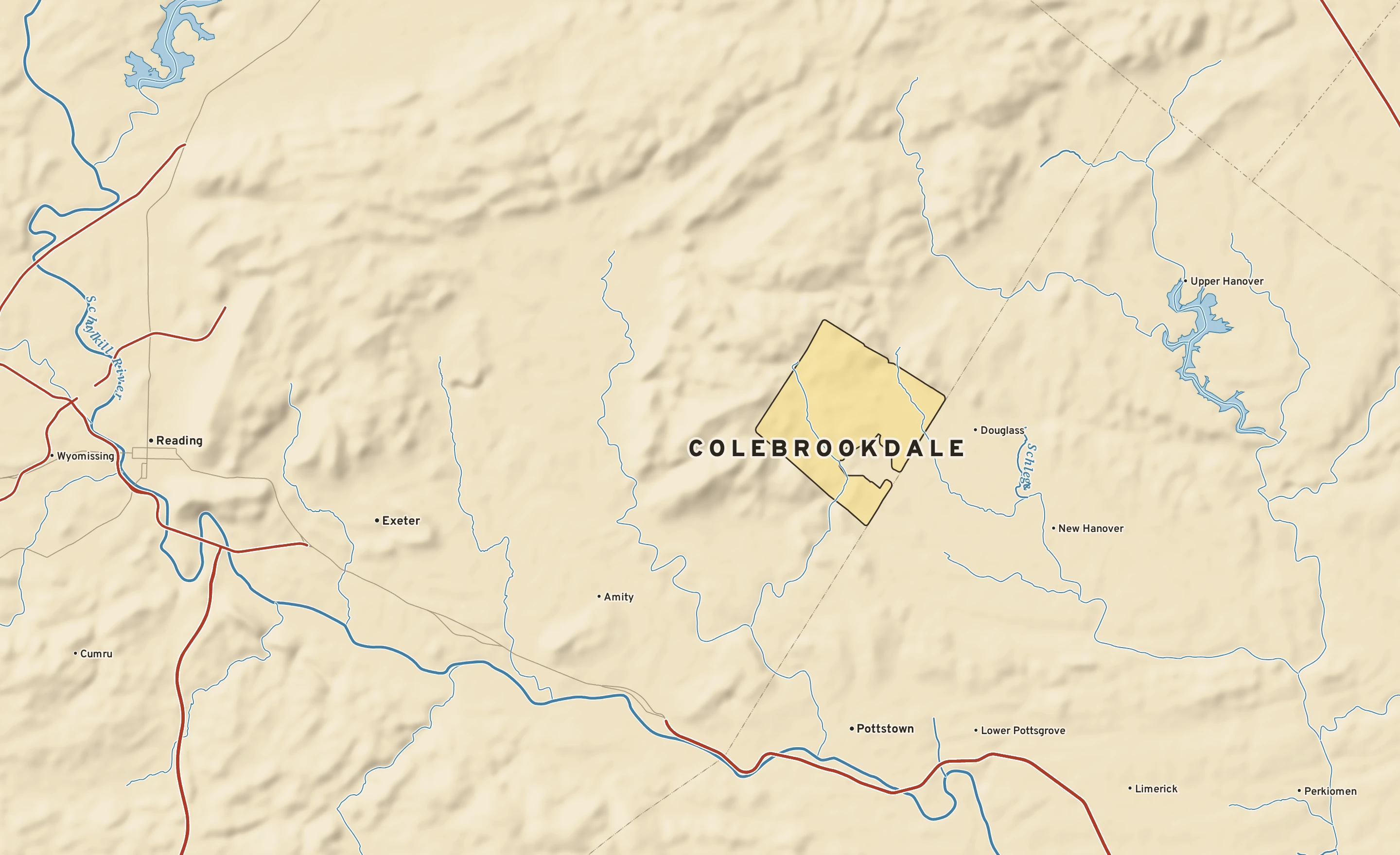 Shaded-relief atlas plate of Colebrookdale, Pennsylvania: rivers, roads, the city limits and where the water drains.