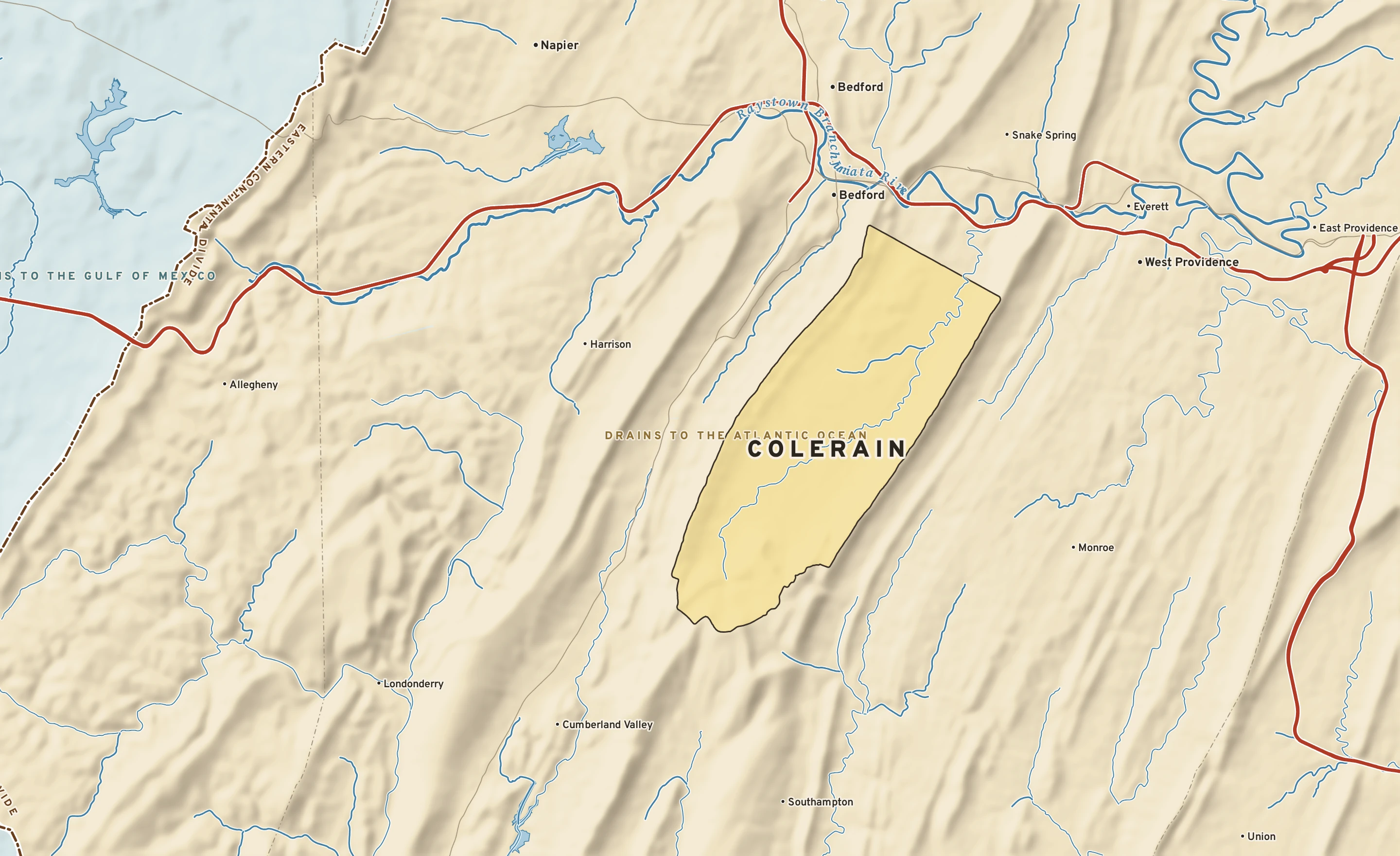 Shaded-relief atlas plate of Colerain, Pennsylvania: rivers, roads, the city limits and where the water drains.
