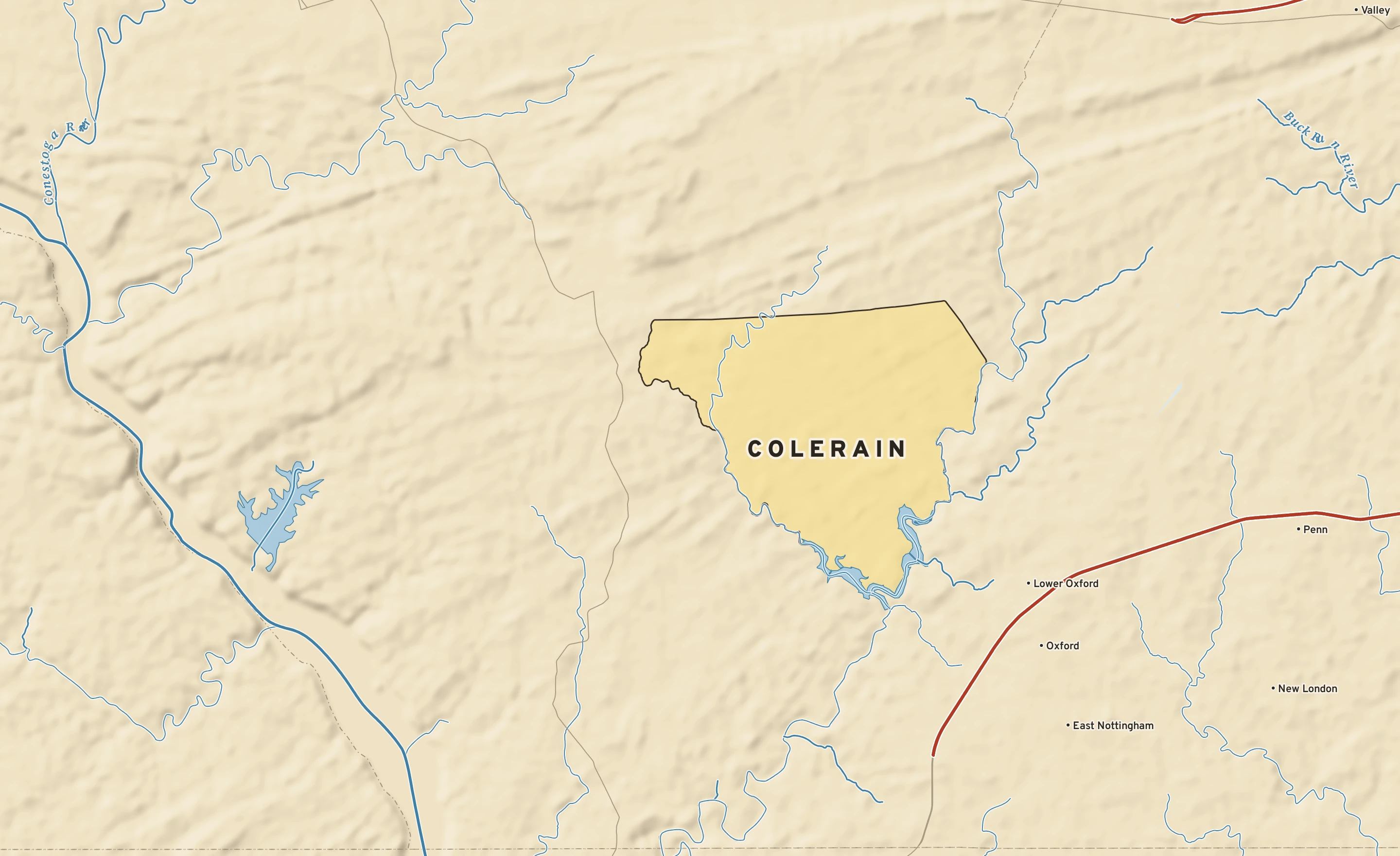 Shaded-relief atlas plate of Colerain, Pennsylvania: rivers, roads, the city limits and where the water drains.