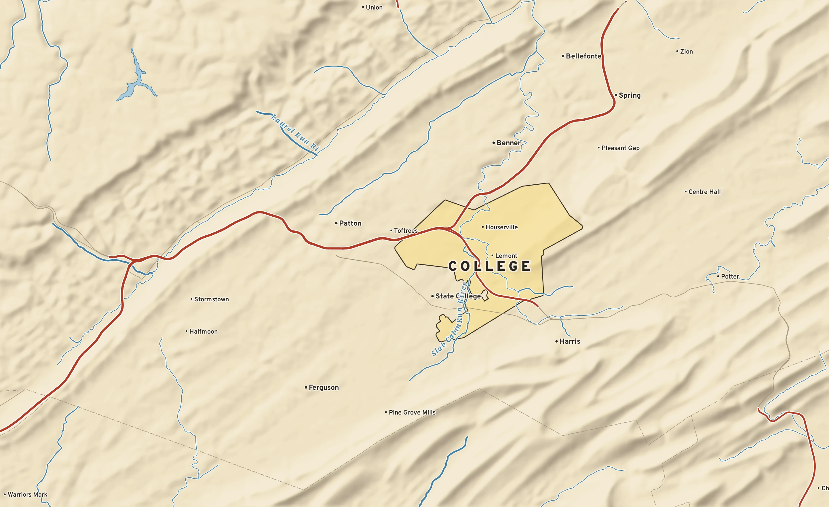 Shaded-relief atlas plate of College, Pennsylvania: rivers, roads, the city limits and where the water drains.