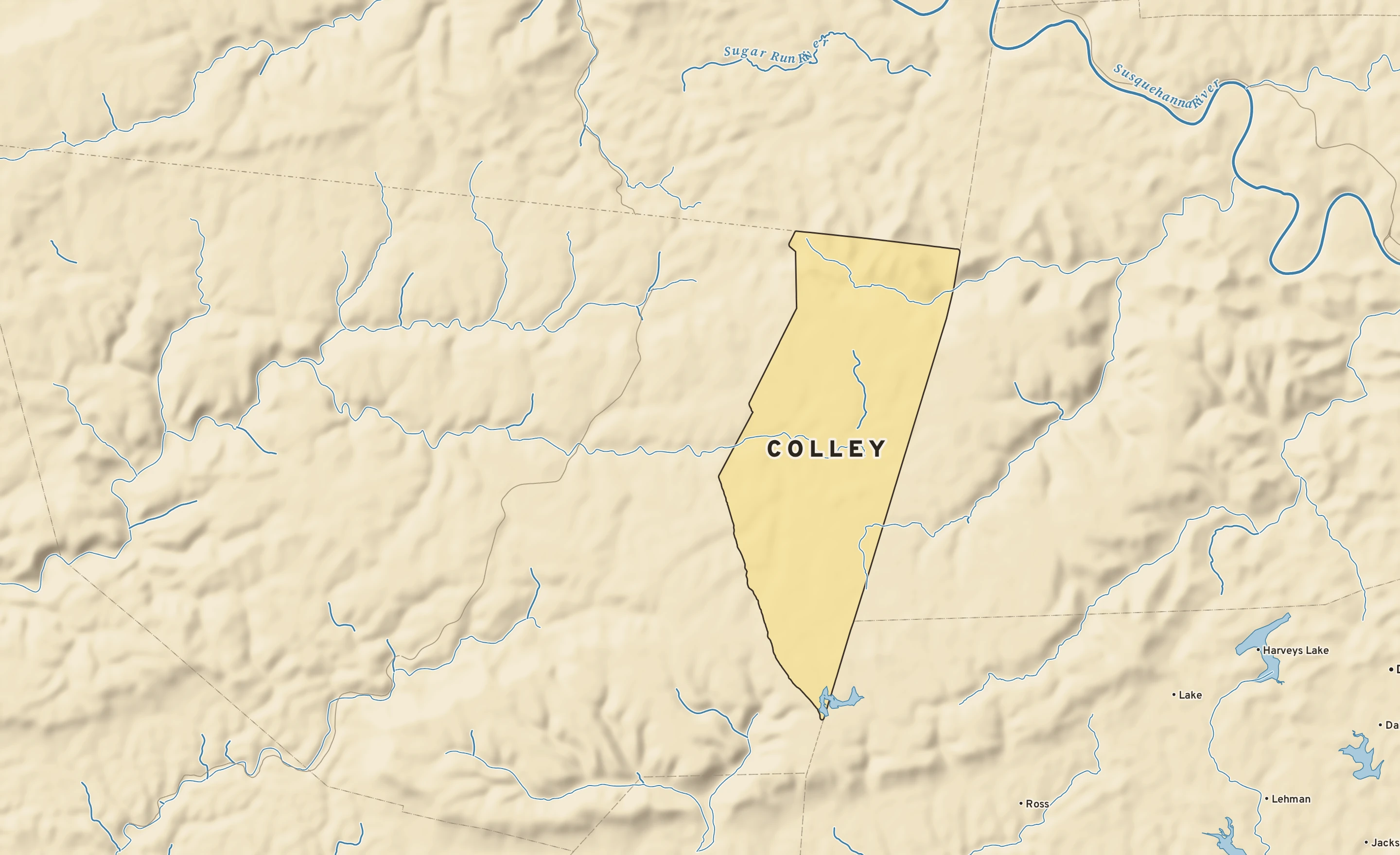 Shaded-relief atlas plate of Colley, Pennsylvania: rivers, roads, the city limits and where the water drains.