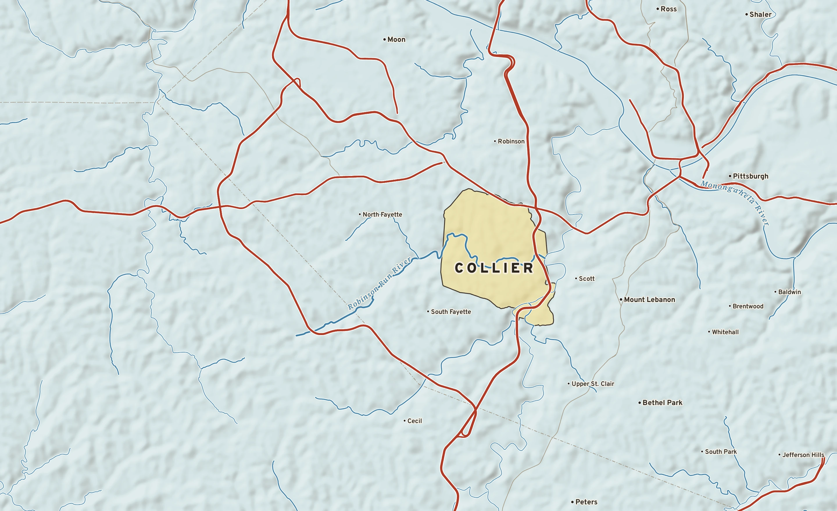 Shaded-relief atlas plate of Collier, Pennsylvania: rivers, roads, the city limits and where the water drains.