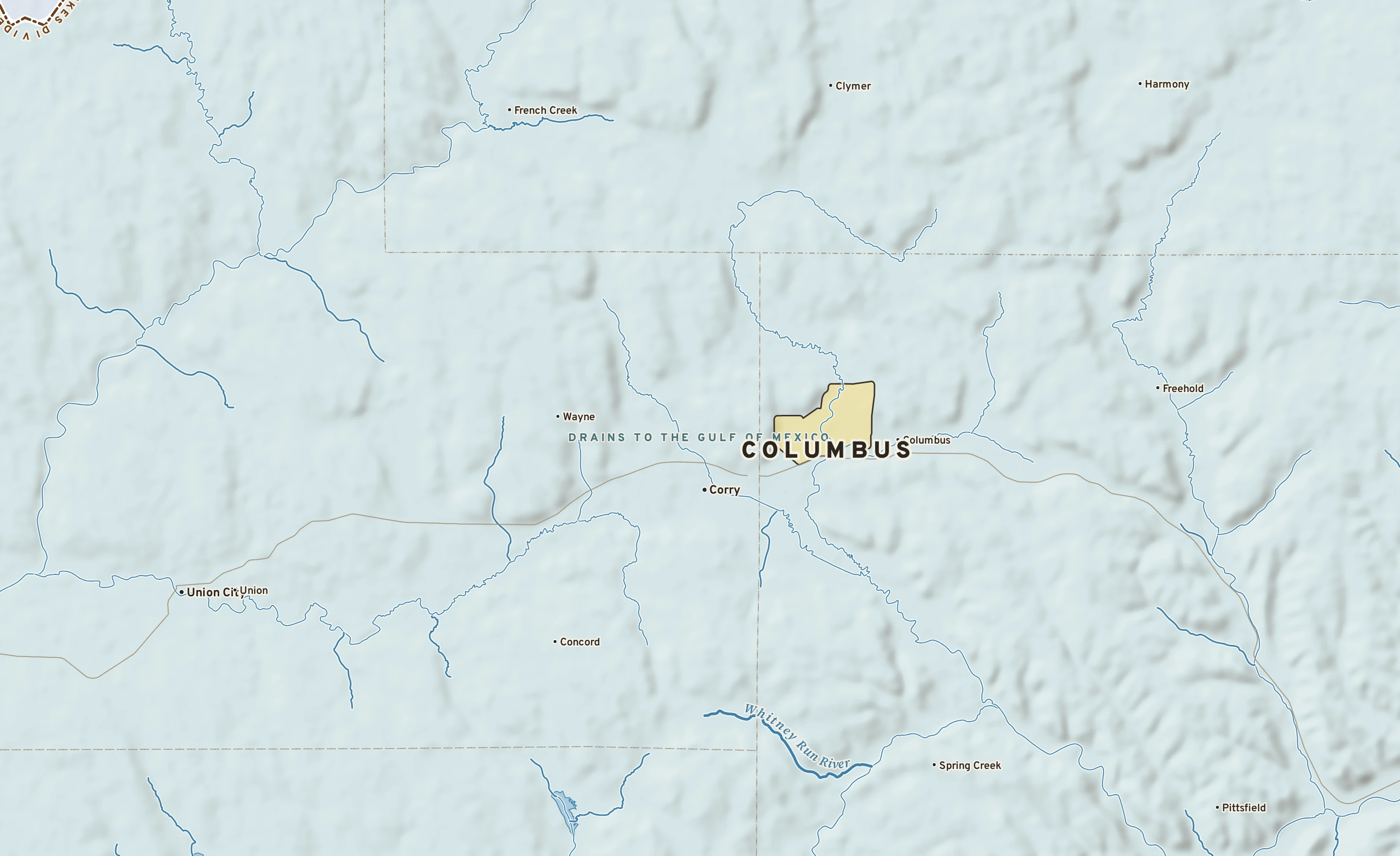 Shaded-relief atlas plate of Columbus, Pennsylvania: rivers, roads, the city limits and where the water drains.