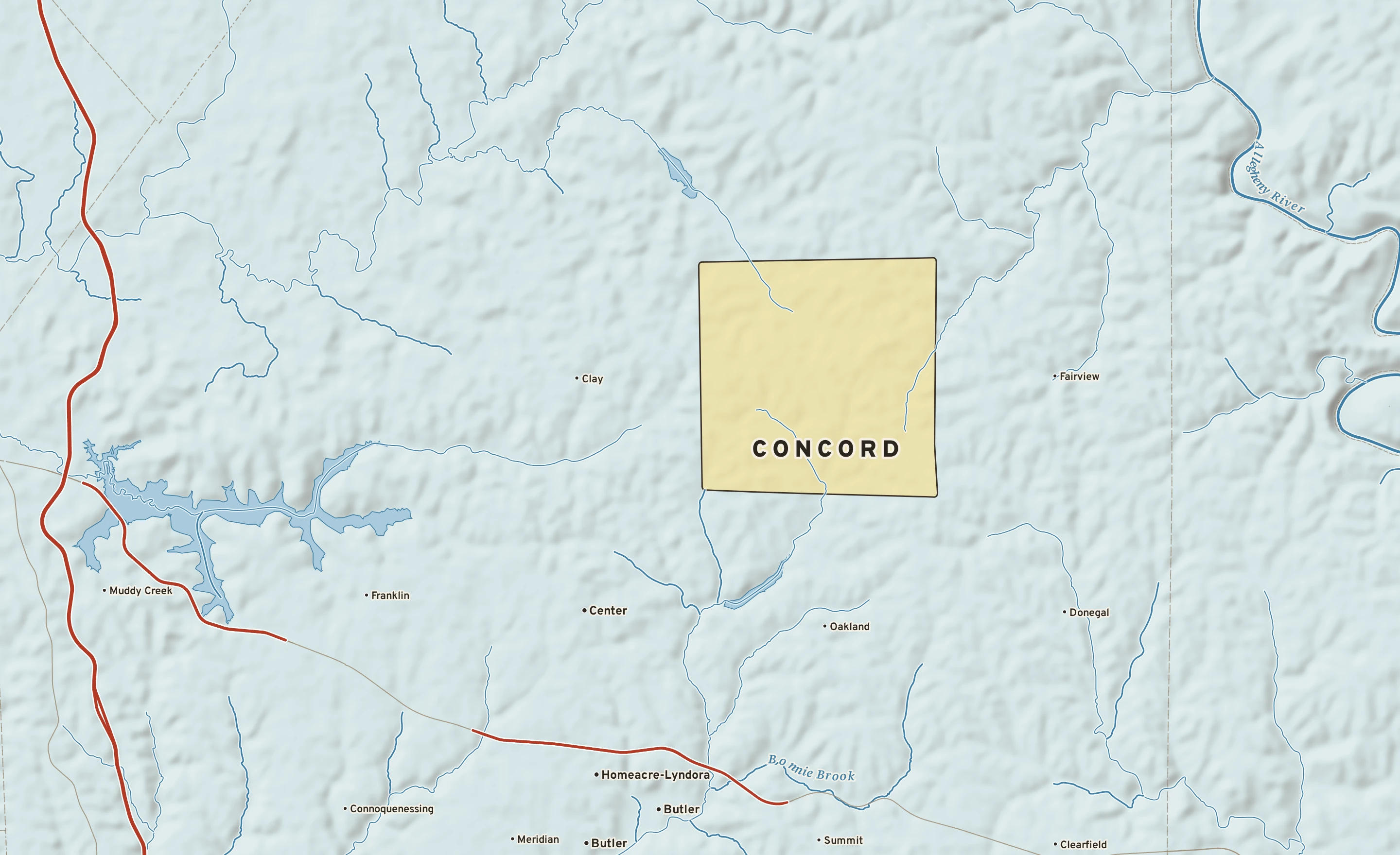 Shaded-relief atlas plate of Concord, Pennsylvania: rivers, roads, the city limits and where the water drains.