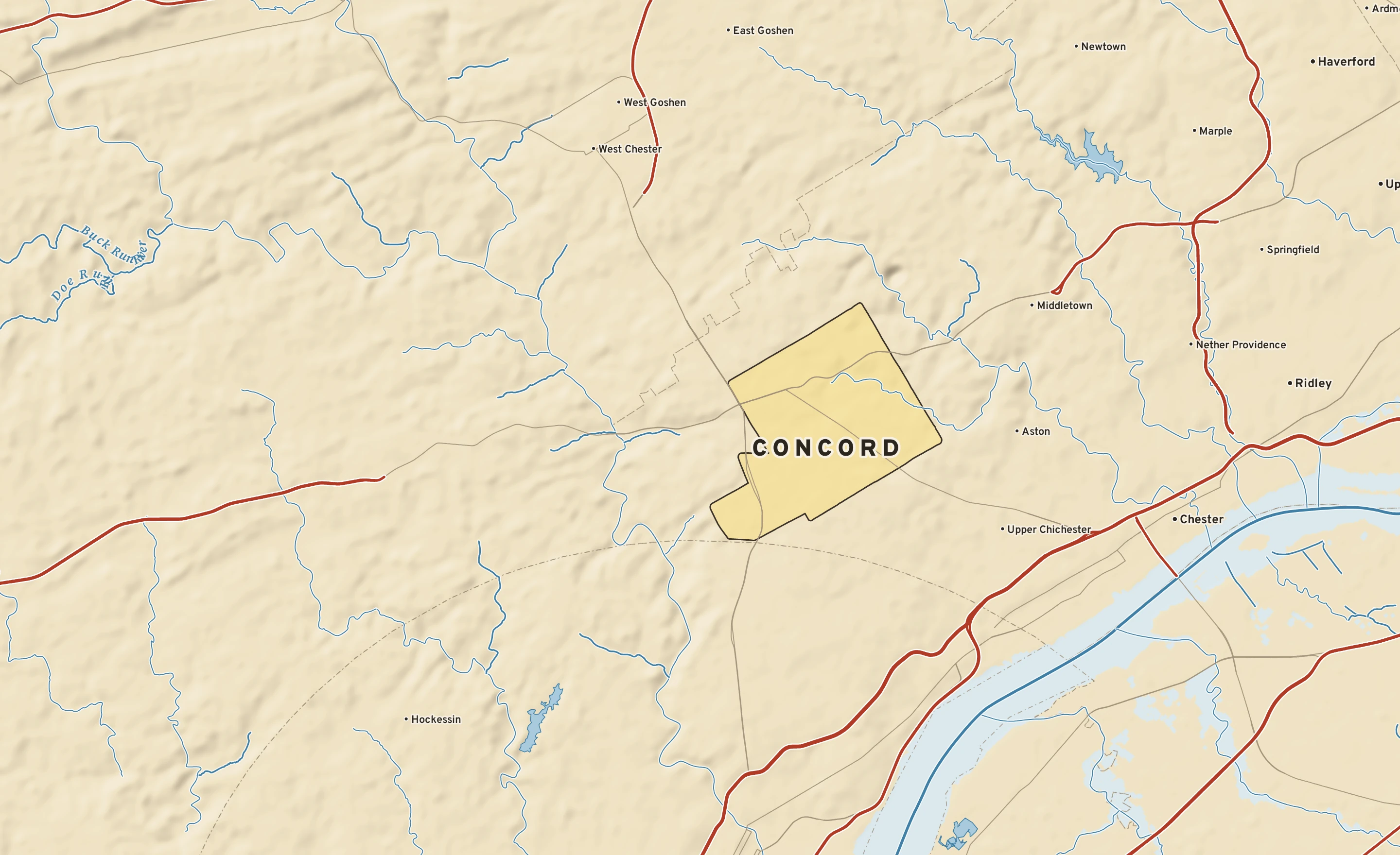 Shaded-relief atlas plate of Concord, Pennsylvania: rivers, roads, the city limits and where the water drains.