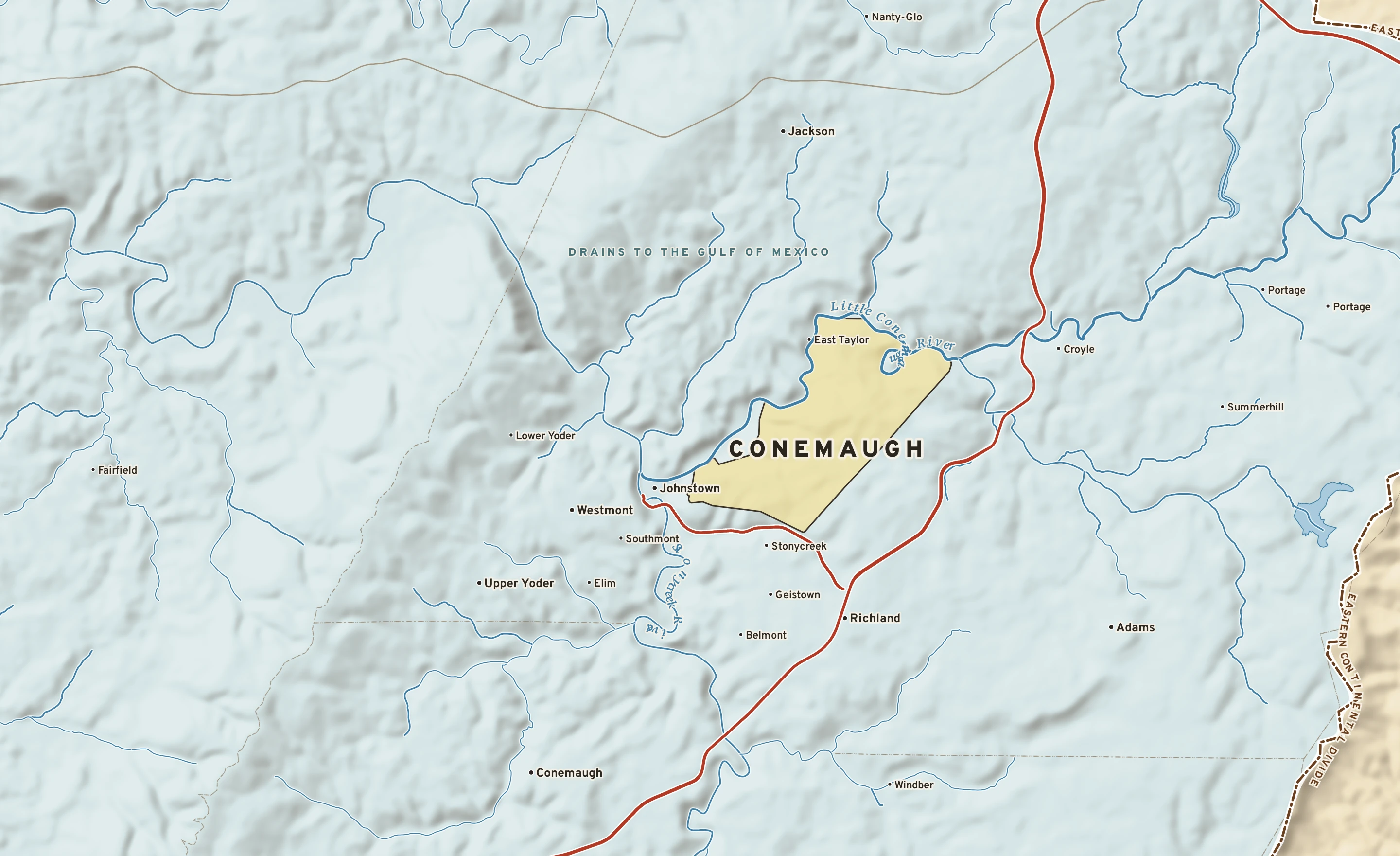 Shaded-relief atlas plate of Conemaugh, Pennsylvania: rivers, roads, the city limits and where the water drains.