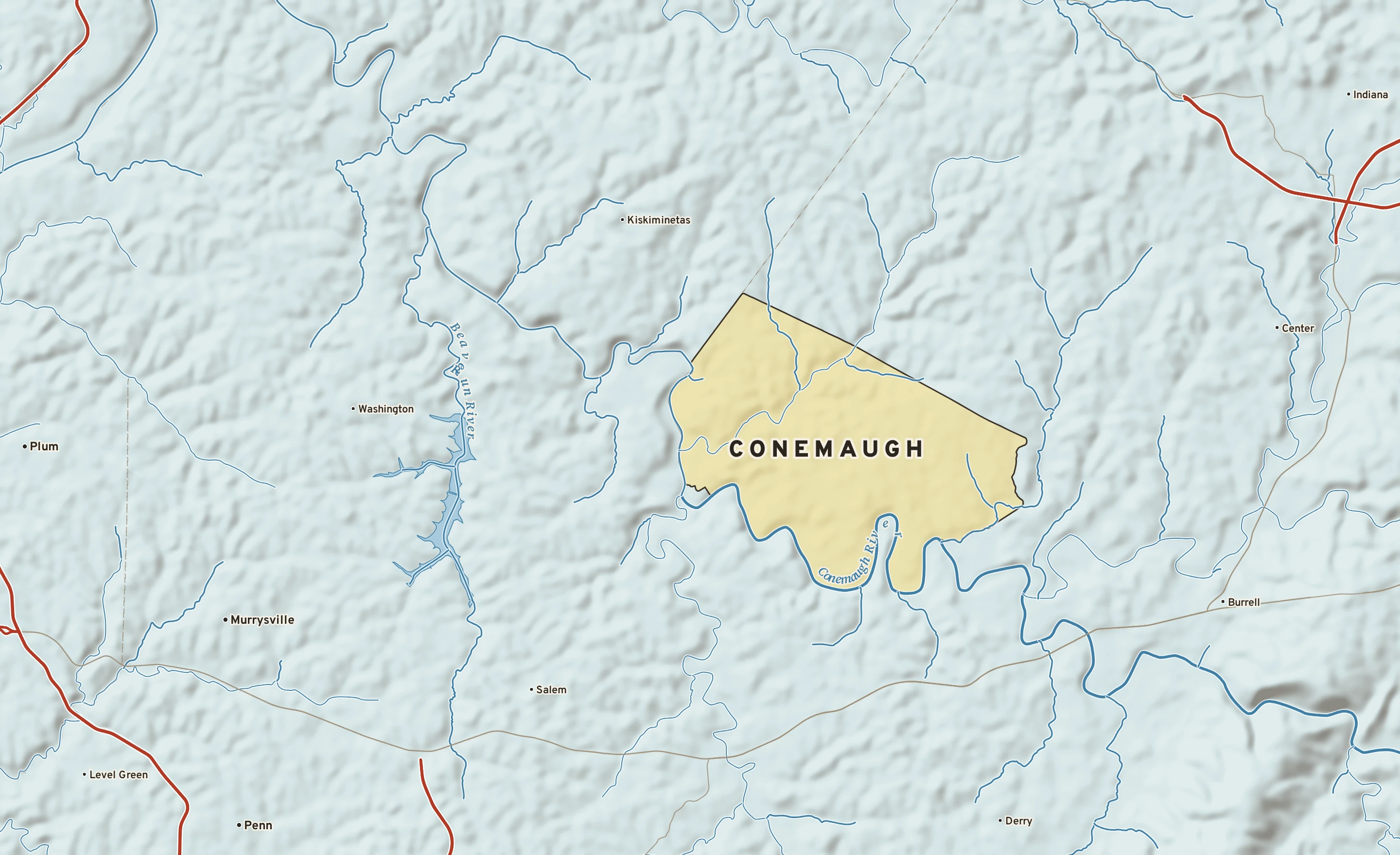 Shaded-relief atlas plate of Conemaugh, Pennsylvania: rivers, roads, the city limits and where the water drains.