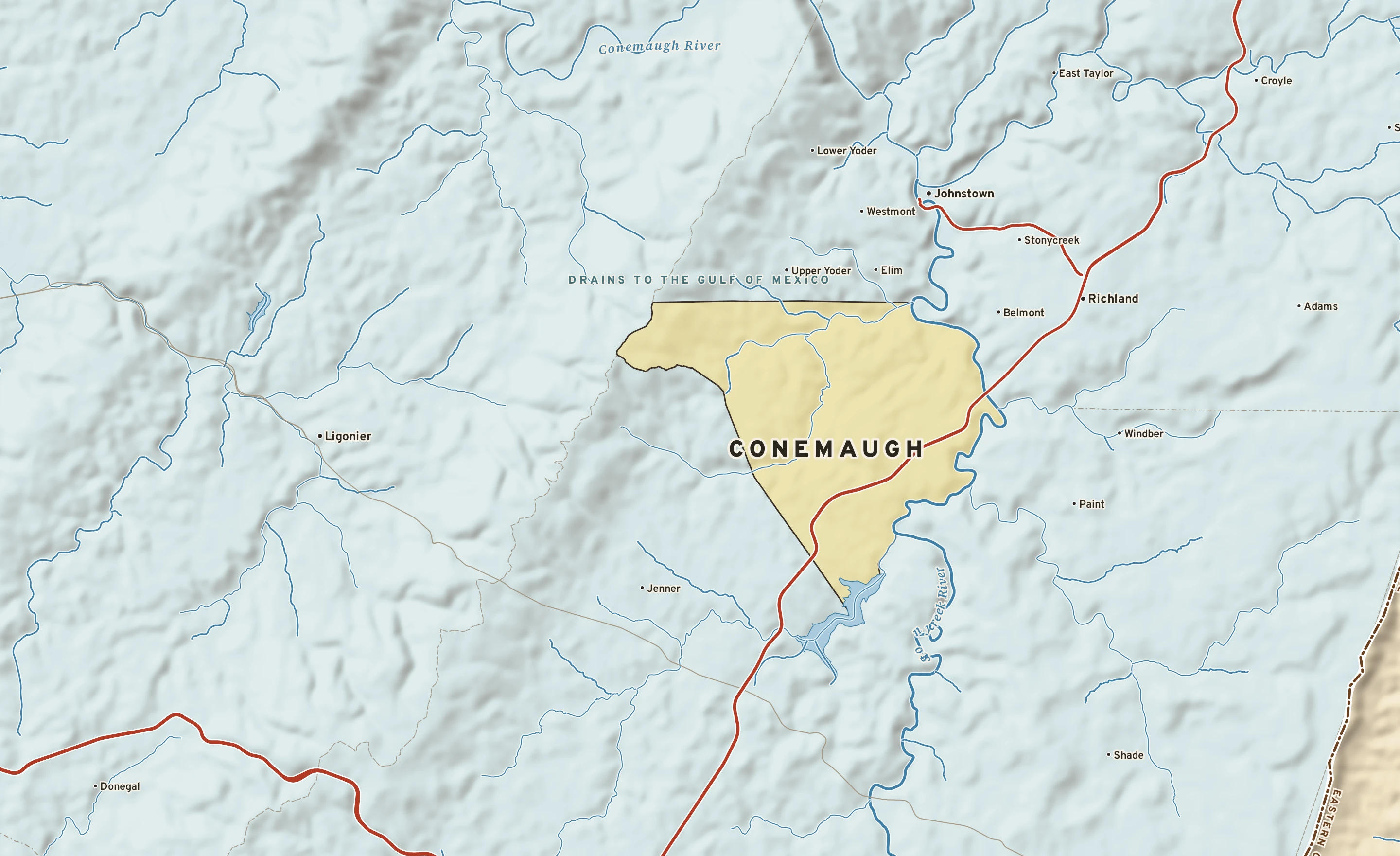 Shaded-relief atlas plate of Conemaugh, Pennsylvania: rivers, roads, the city limits and where the water drains.