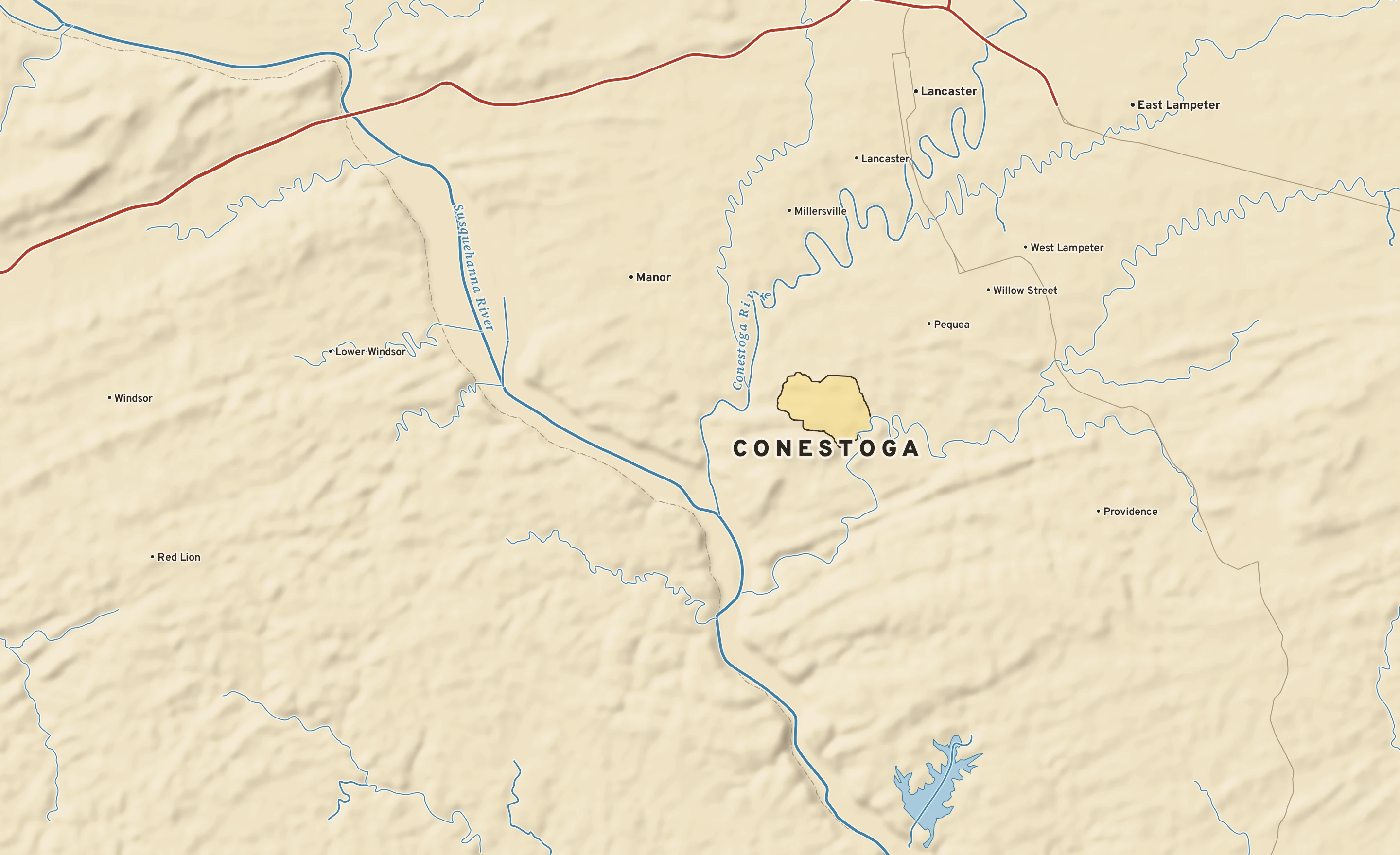 Shaded-relief atlas plate of Conestoga, Pennsylvania: rivers, roads, the city limits and where the water drains.