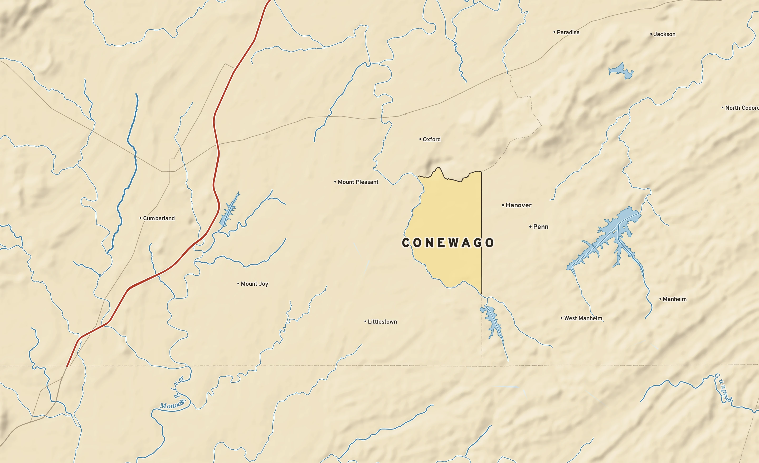 Shaded-relief atlas plate of Conewago, Pennsylvania: rivers, roads, the city limits and where the water drains.