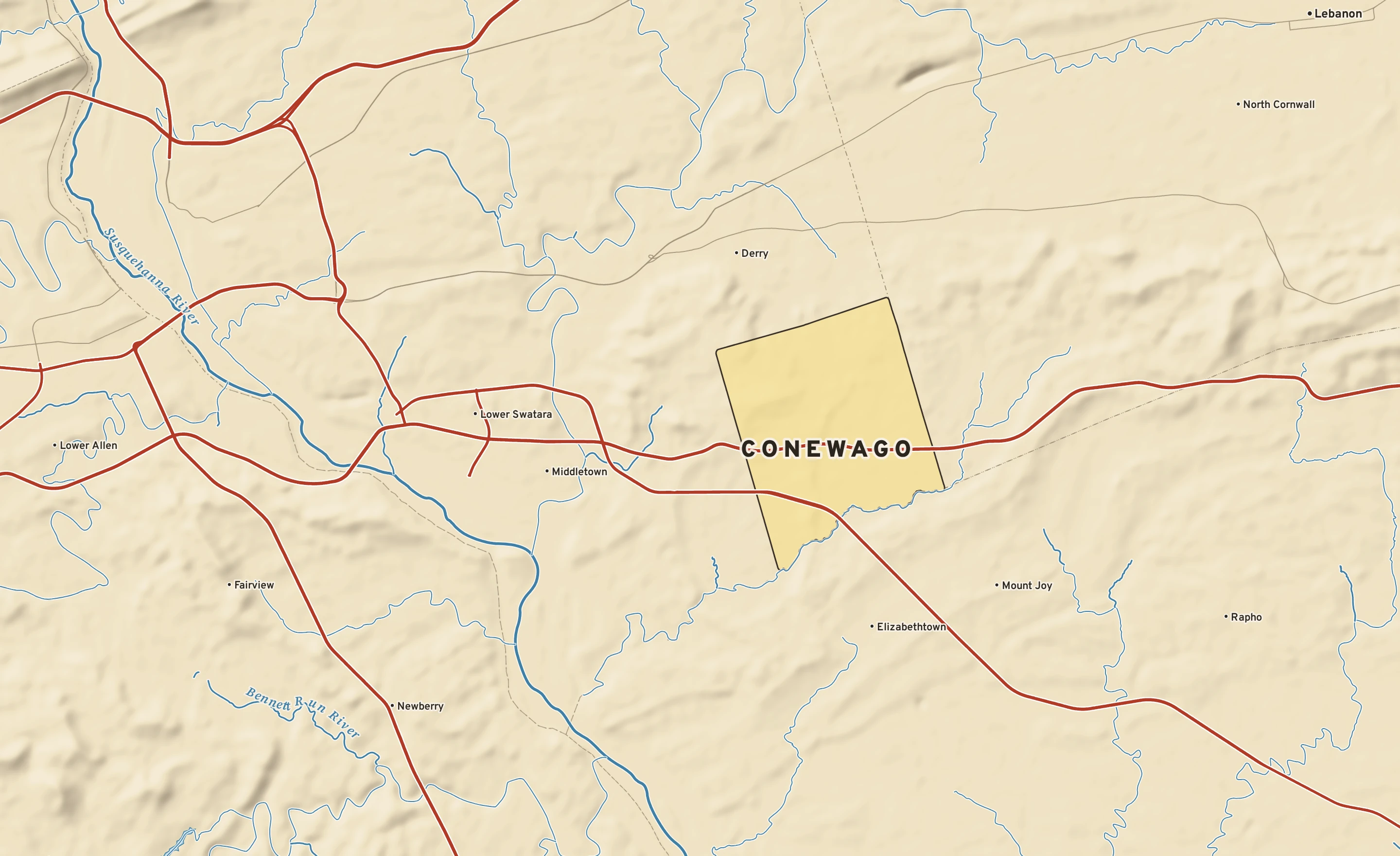 Shaded-relief atlas plate of Conewago, Pennsylvania: rivers, roads, the city limits and where the water drains.