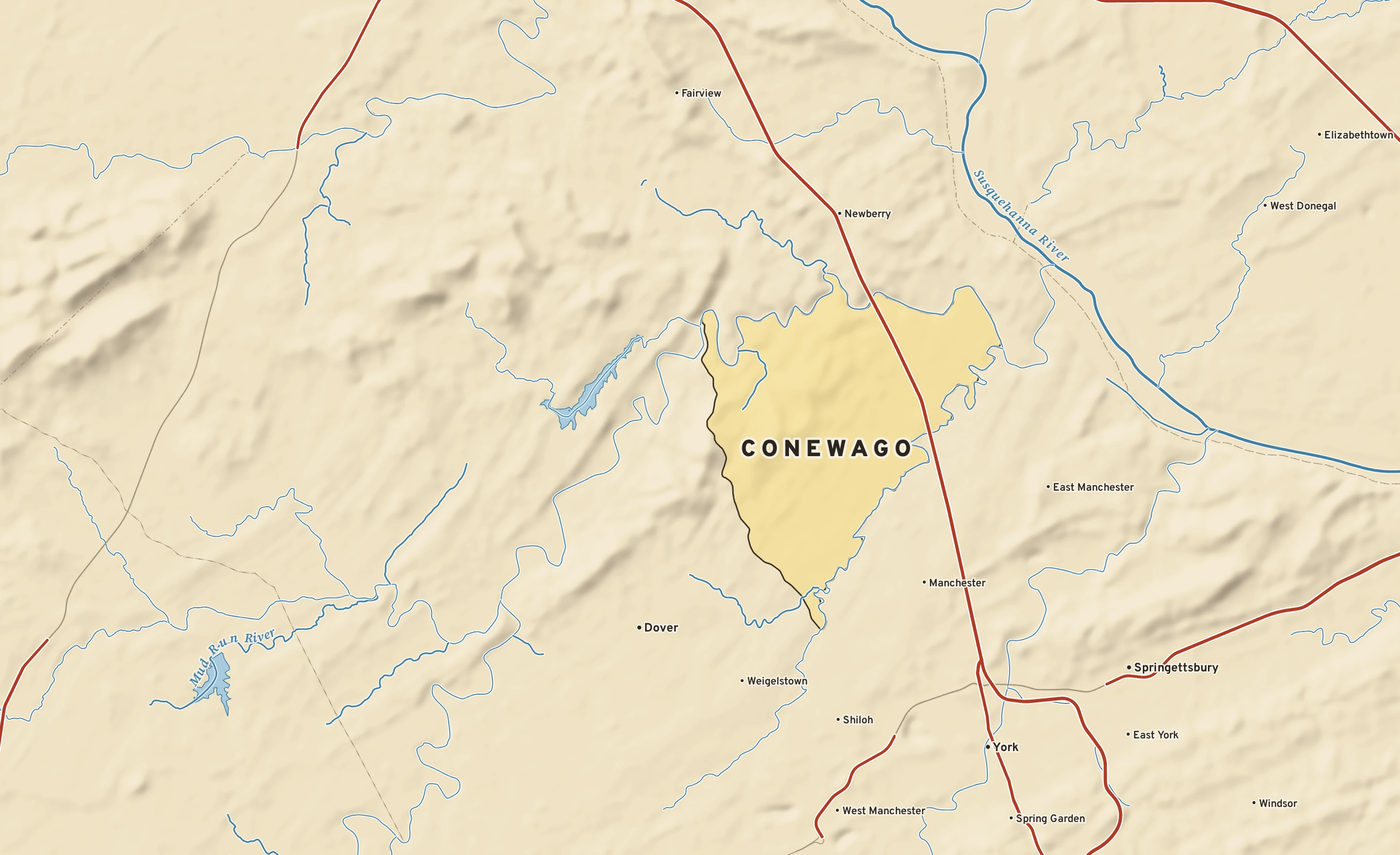 Shaded-relief atlas plate of Conewago, Pennsylvania: rivers, roads, the city limits and where the water drains.