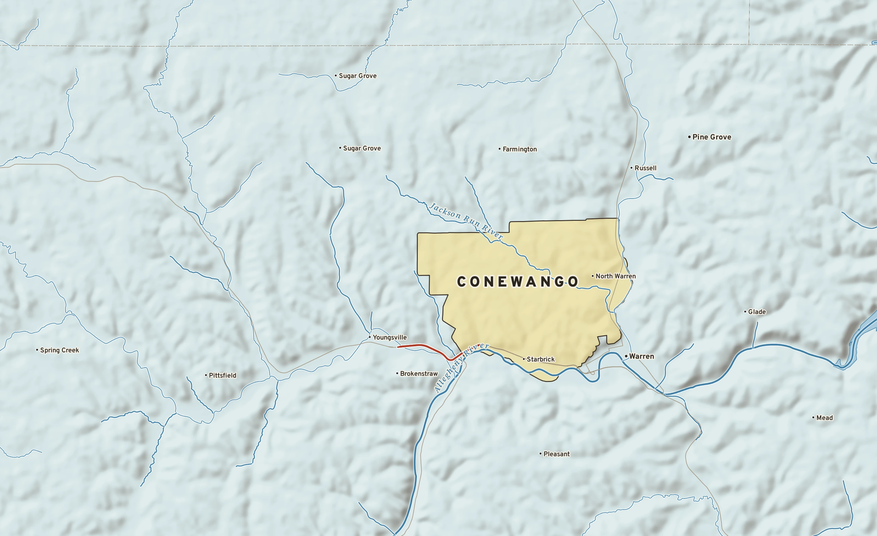 Shaded-relief atlas plate of Conewango, Pennsylvania: rivers, roads, the city limits and where the water drains.