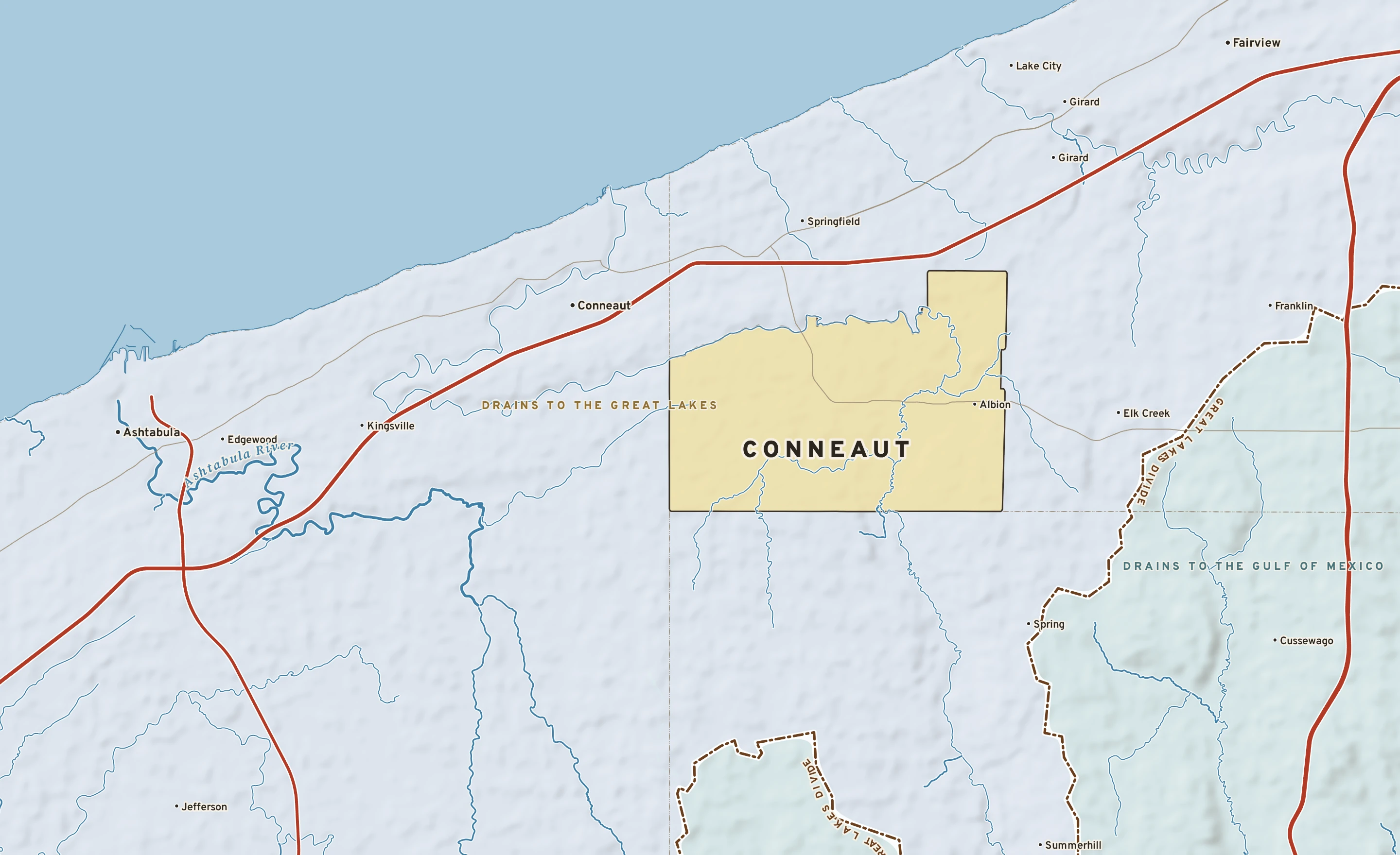 Shaded-relief atlas plate of Conneaut, Pennsylvania: rivers, roads, the city limits and where the water drains.