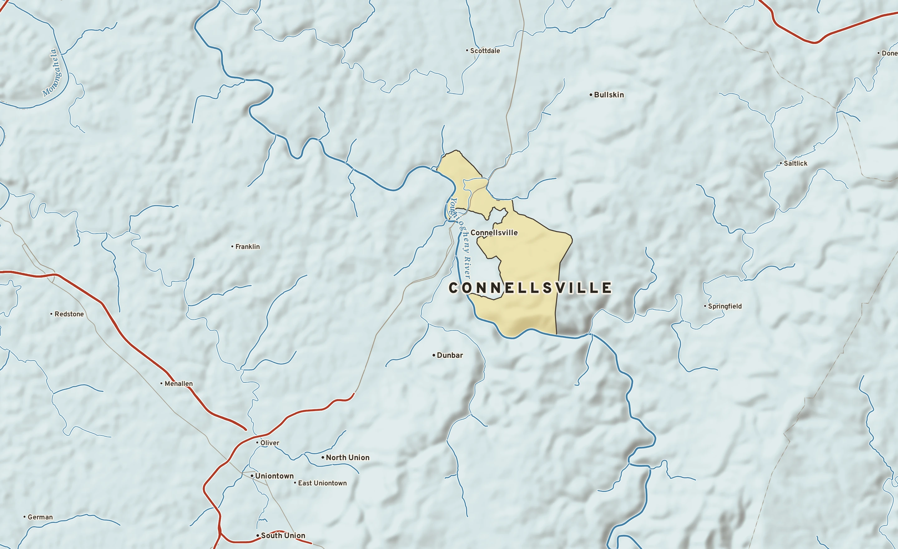 Shaded-relief atlas plate of Connellsville, Pennsylvania: rivers, roads, the city limits and where the water drains.