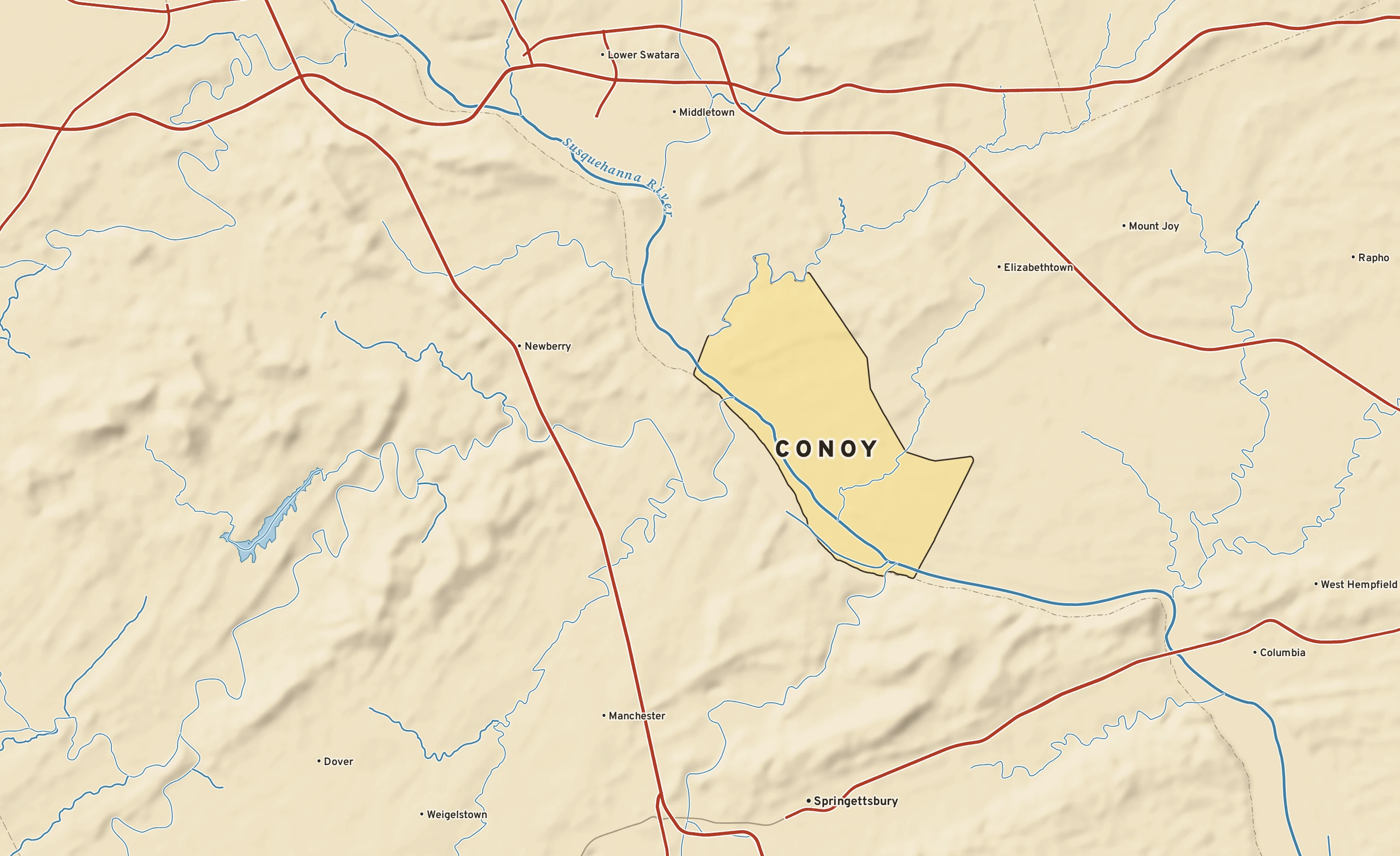 Shaded-relief atlas plate of Conoy, Pennsylvania: rivers, roads, the city limits and where the water drains.