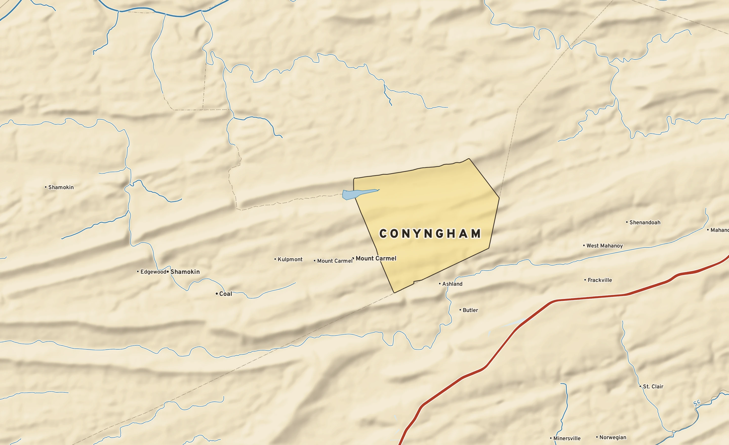 Shaded-relief atlas plate of Conyngham, Pennsylvania: rivers, roads, the city limits and where the water drains.