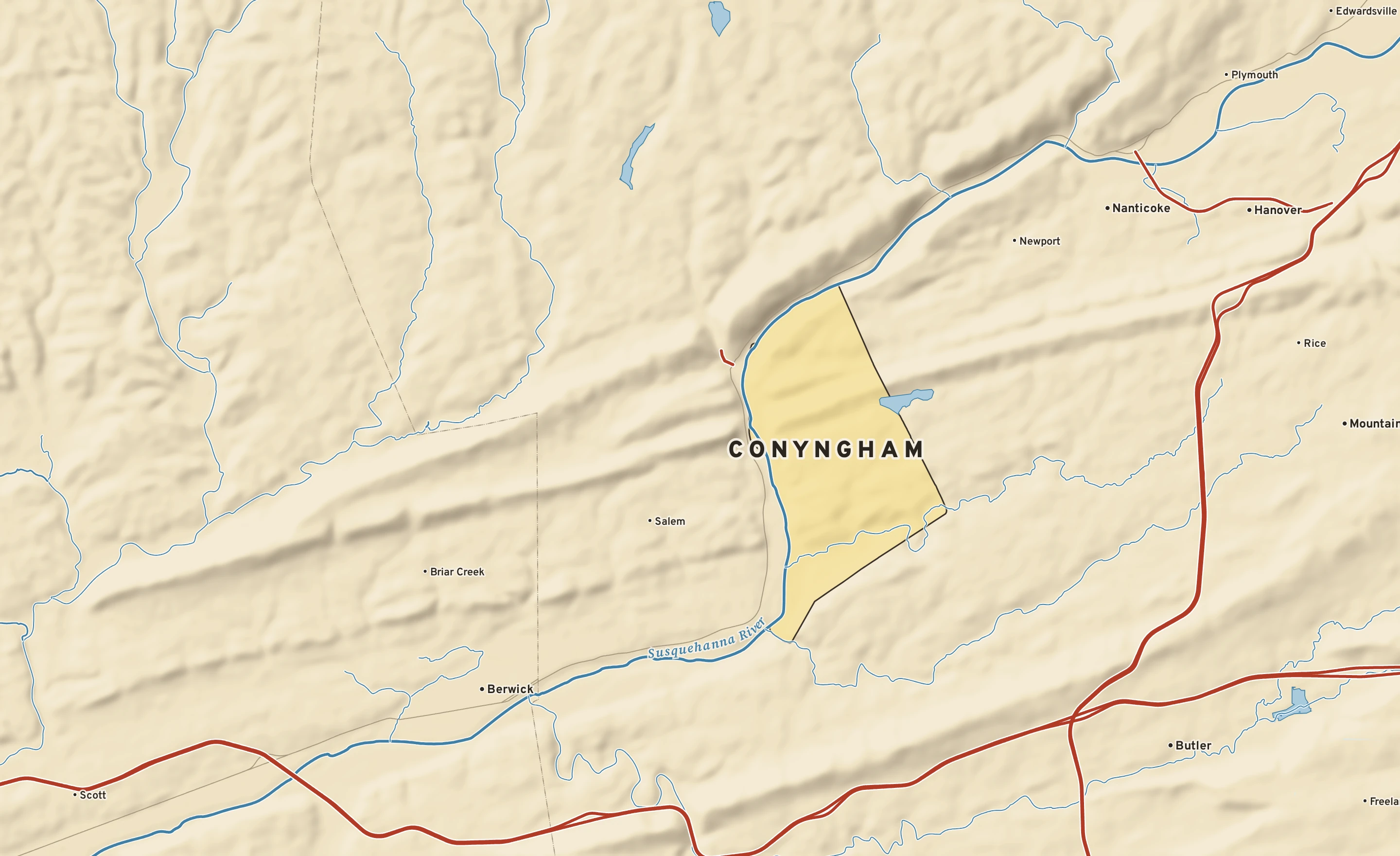 Shaded-relief atlas plate of Conyngham, Pennsylvania: rivers, roads, the city limits and where the water drains.
