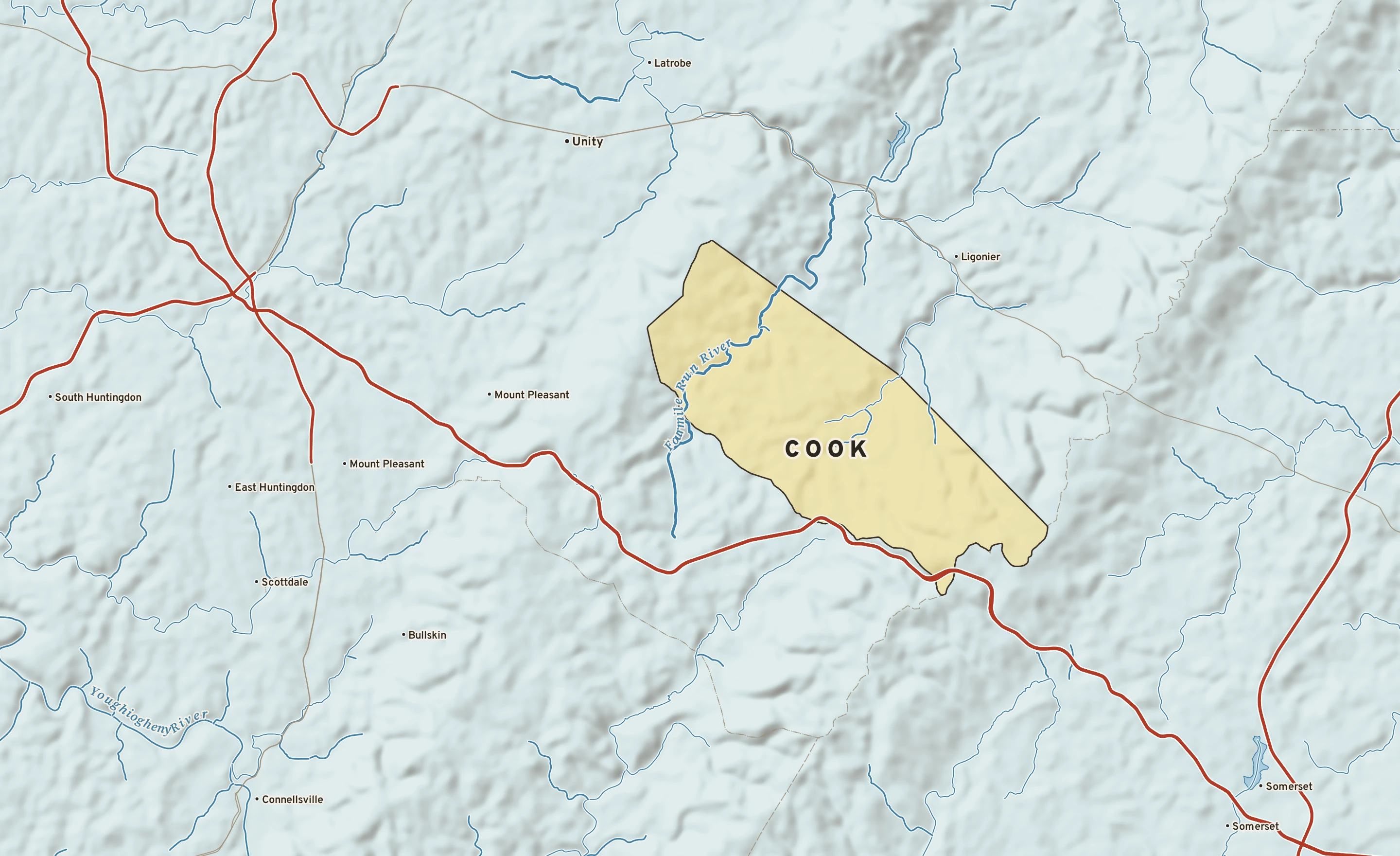 Shaded-relief atlas plate of Cook, Pennsylvania: rivers, roads, the city limits and where the water drains.