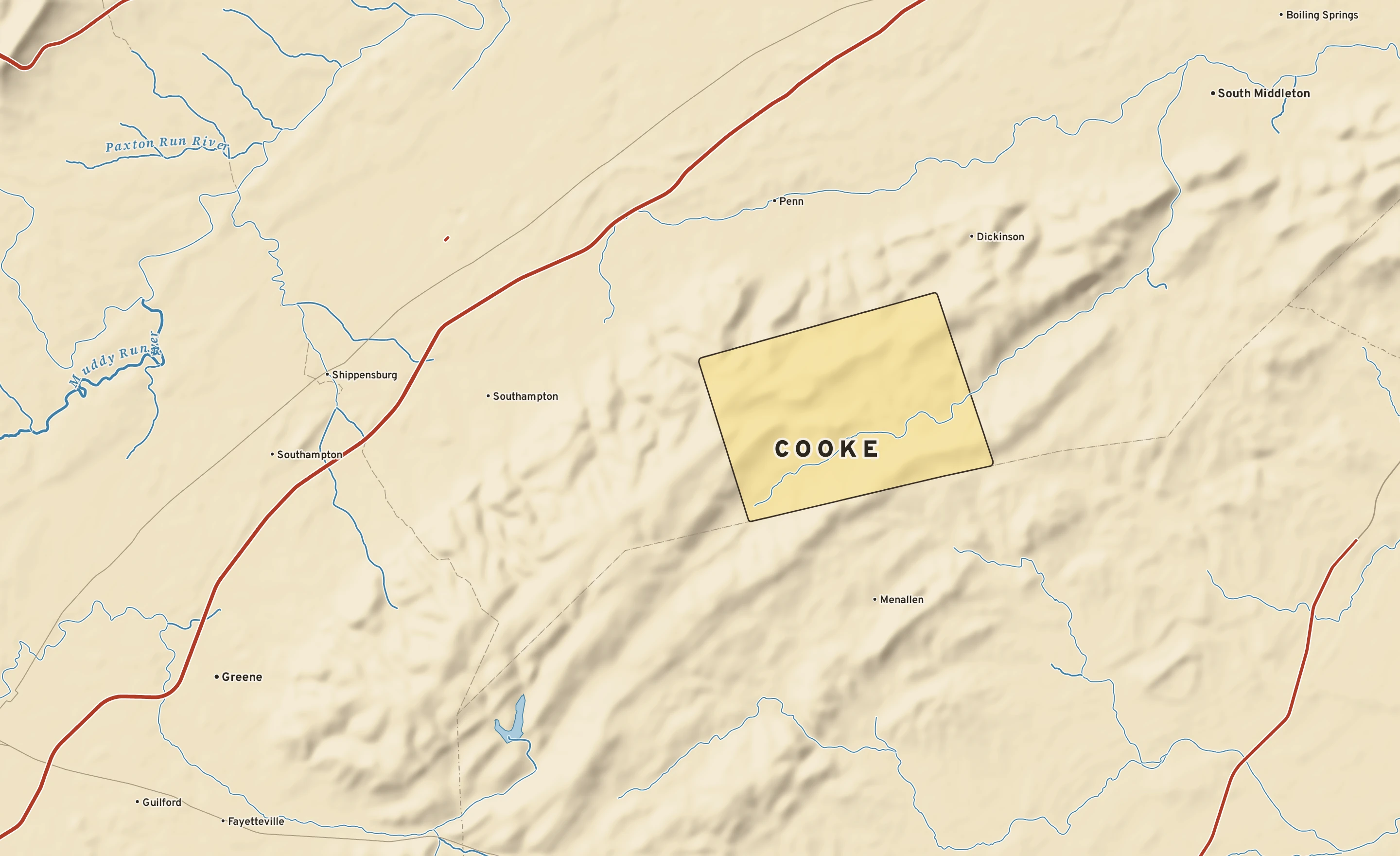 Shaded-relief atlas plate of Cooke, Pennsylvania: rivers, roads, the city limits and where the water drains.